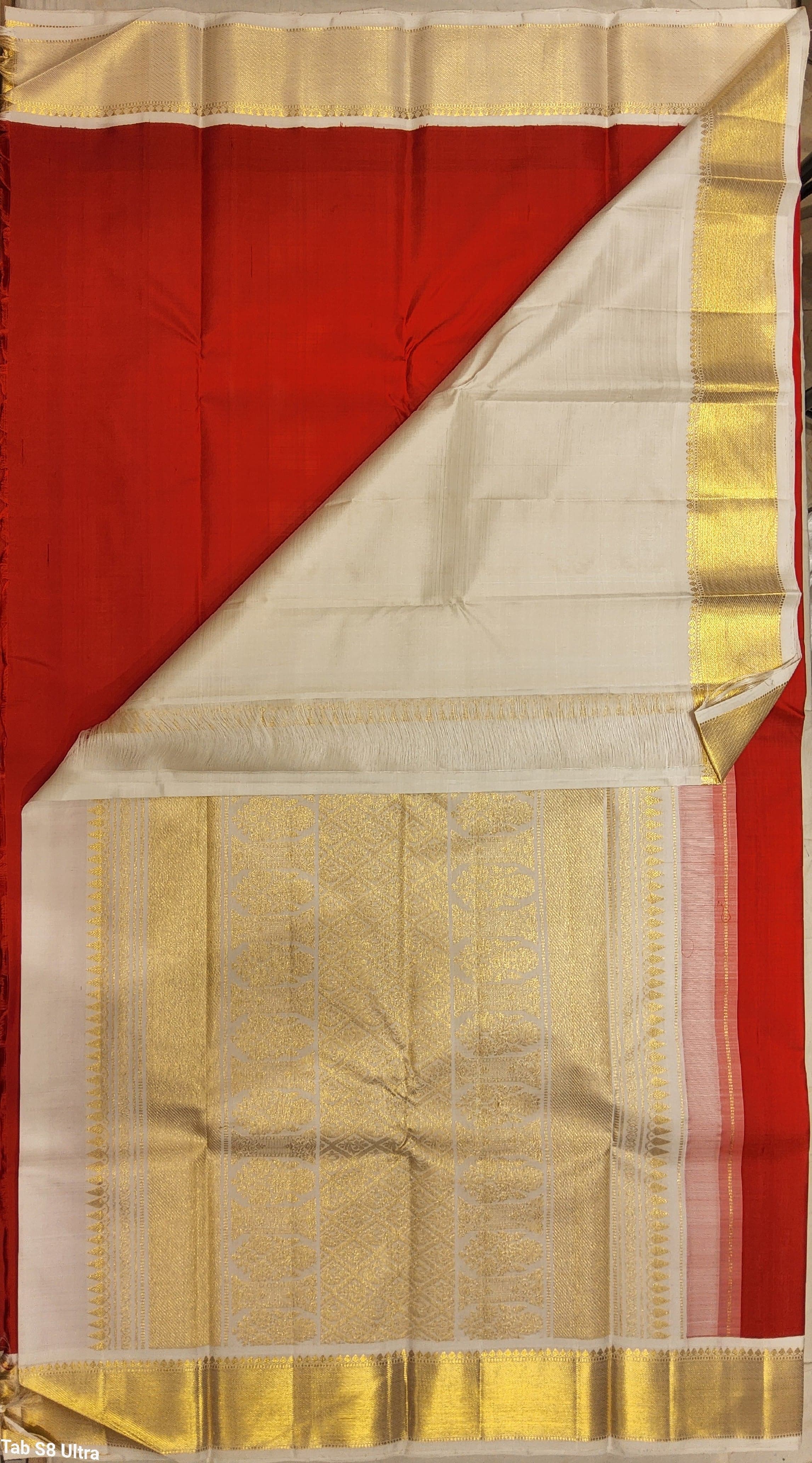 Arangetram Kanchipuram Silk Saree: Red & Half-White Gold Zari
