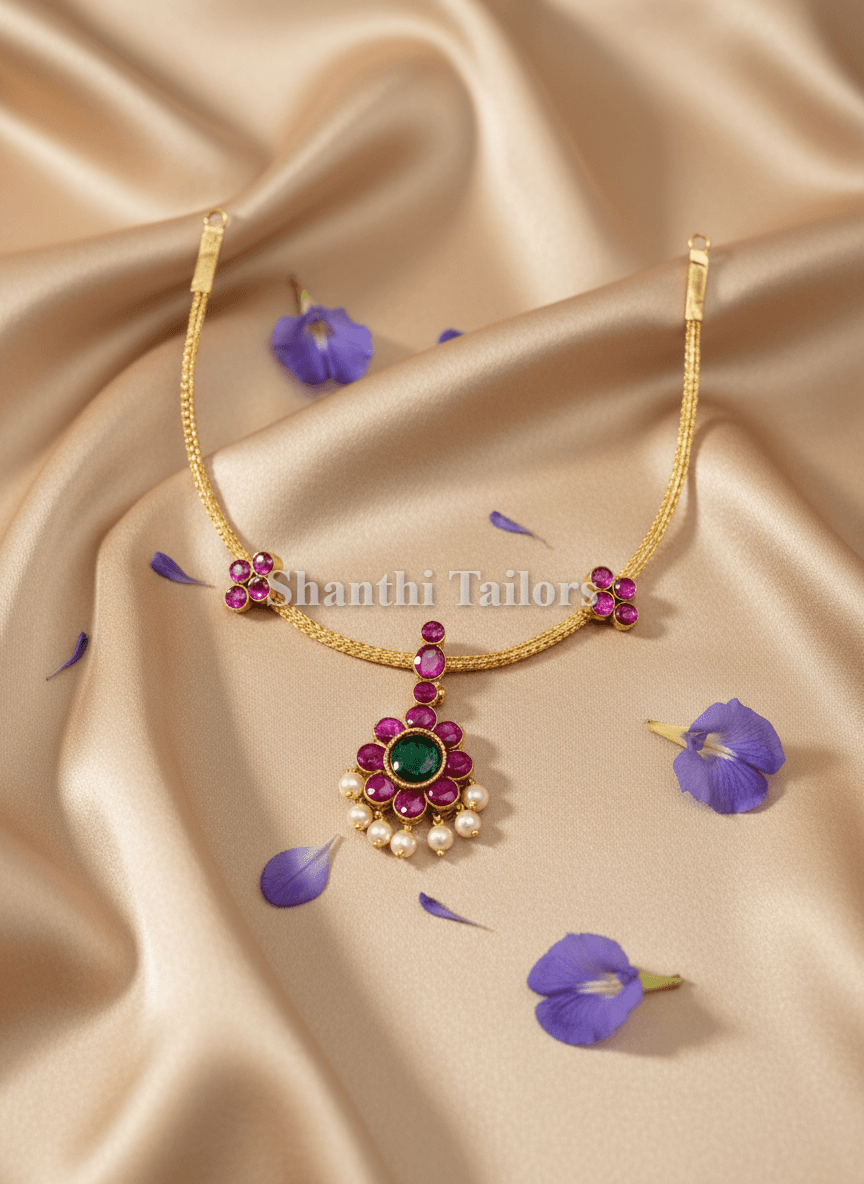 Original Temple Jewellery: 2 Stone Attiyal Necklace, silver base gold leaf, kemp stones, Bharatanatyam jewellery