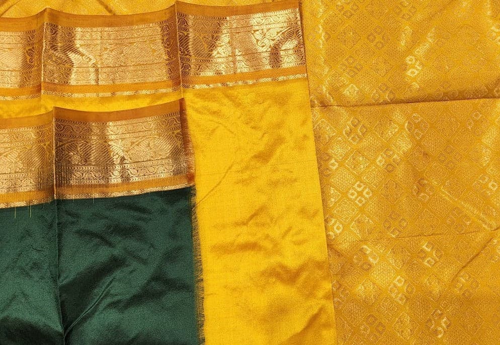 Bharatanatyam Dharmavaram Silk Saree - Green & Mustard Zari Buttas
