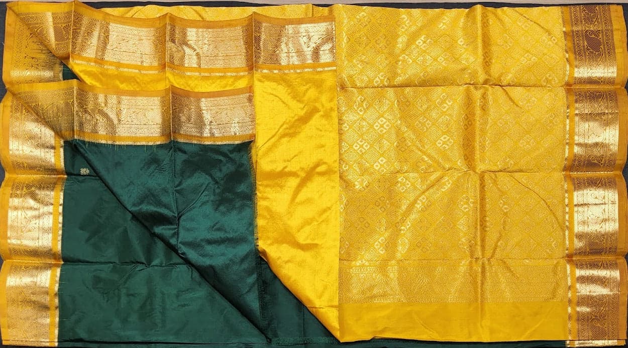 Bharatanatyam Dharmavaram Silk Saree - Green & Mustard Zari Buttas
