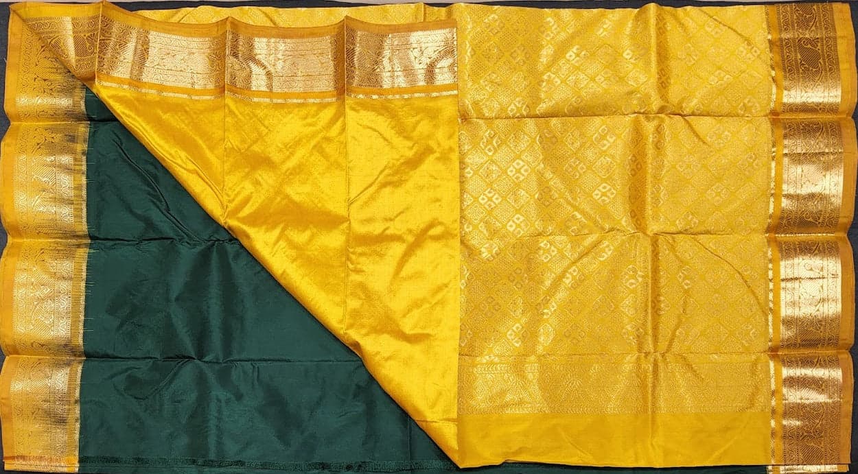 Bharatanatyam Dharmavaram Silk Saree - Green & Mustard Zari Buttas