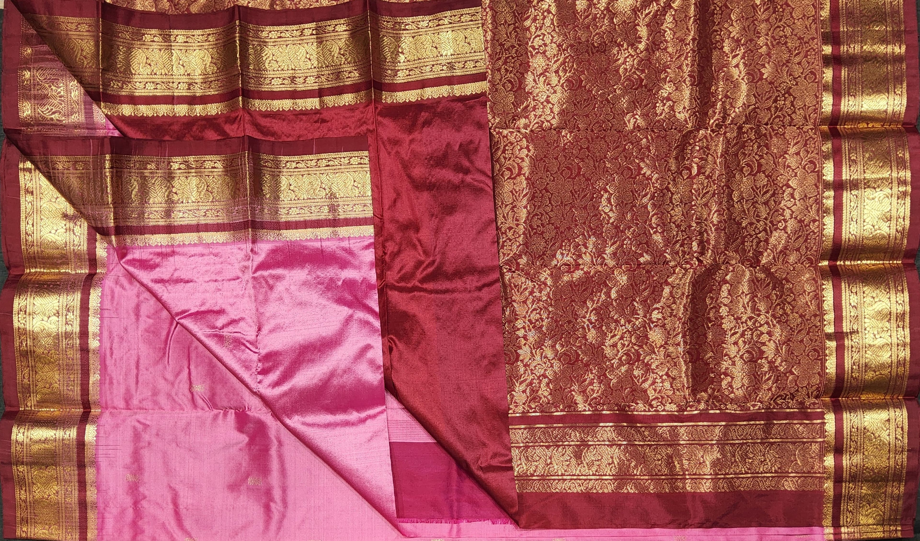 Lotus Pink Dharmavaram silk saree, unstitched blouse piece, maroon with gold zari, bharatanatyam practice saree.