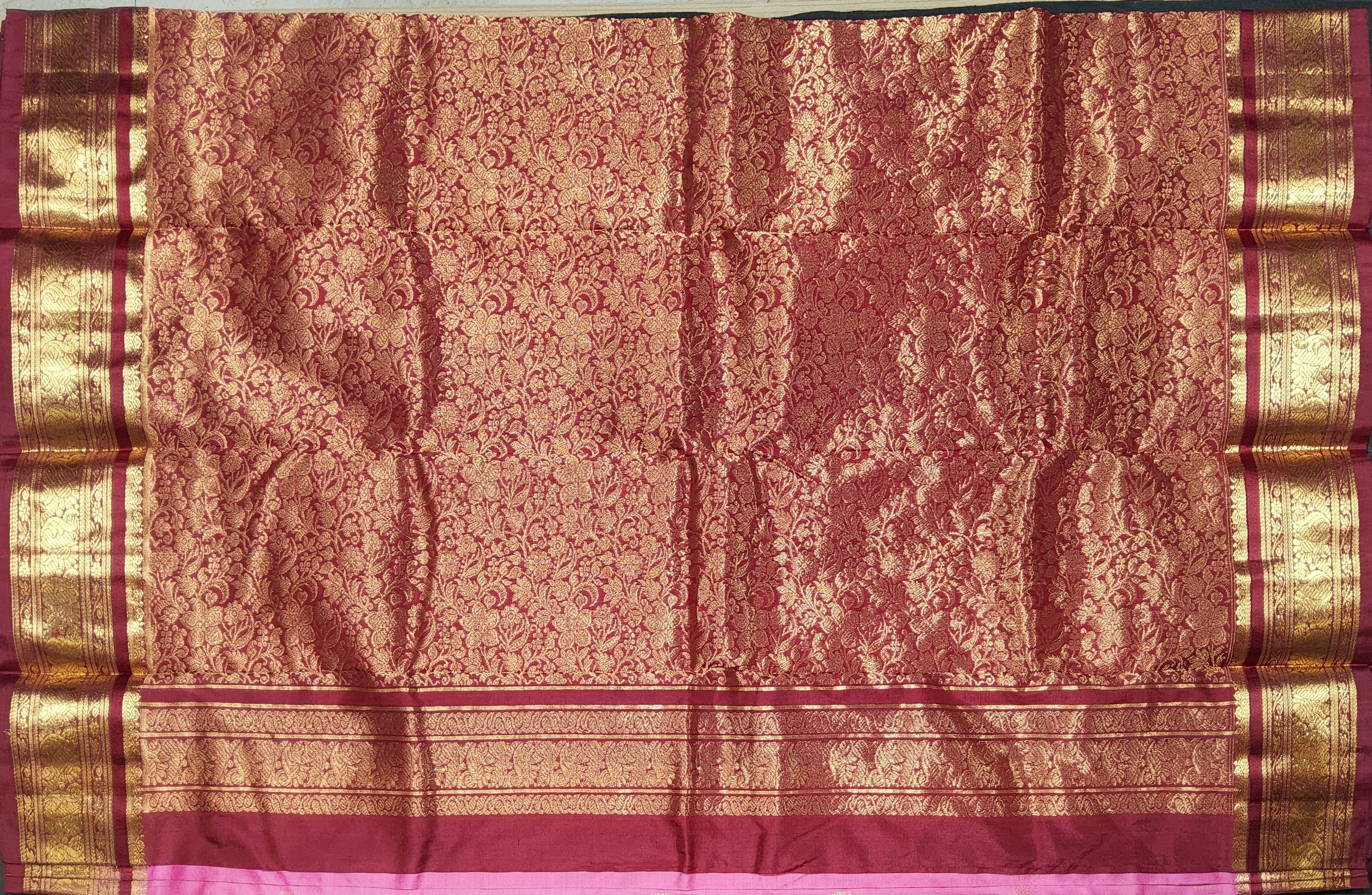 Lotus Pink Dharmavaram saree full view, maroon pallu, authentic silk, ideal dance practice saree.