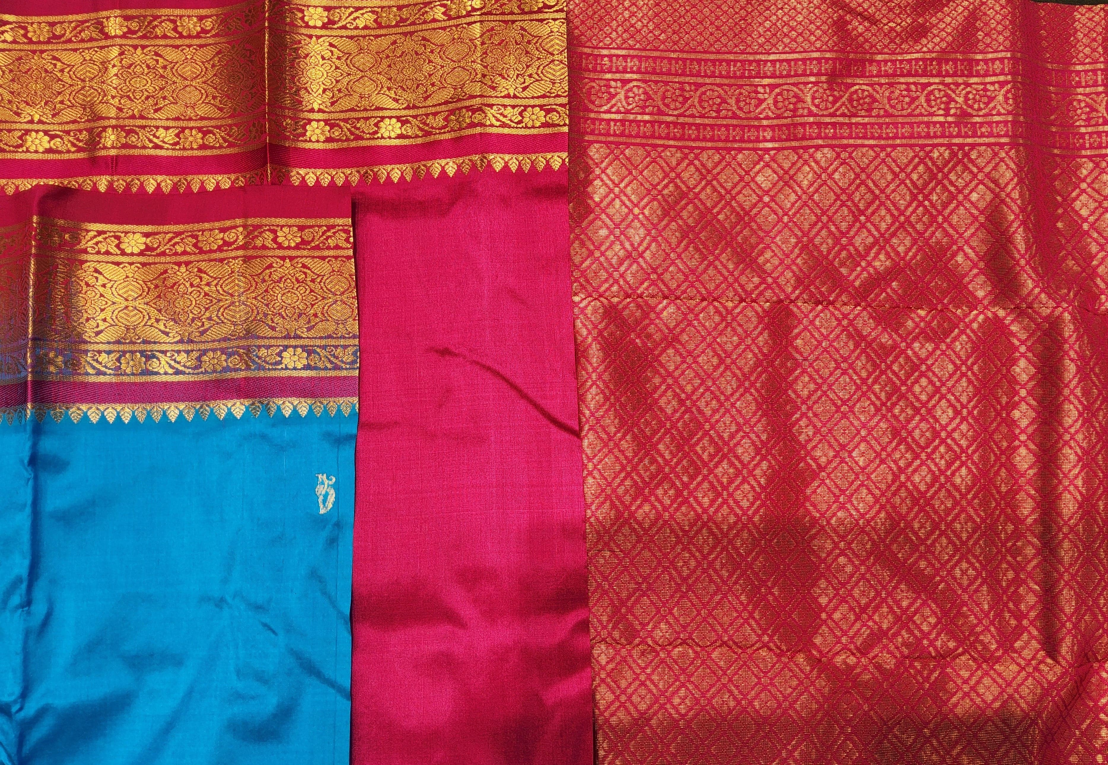 Authentic silk Dharmavaram pattu sarees in Sky Blue and Pink, Bharatanatyam practice saree.