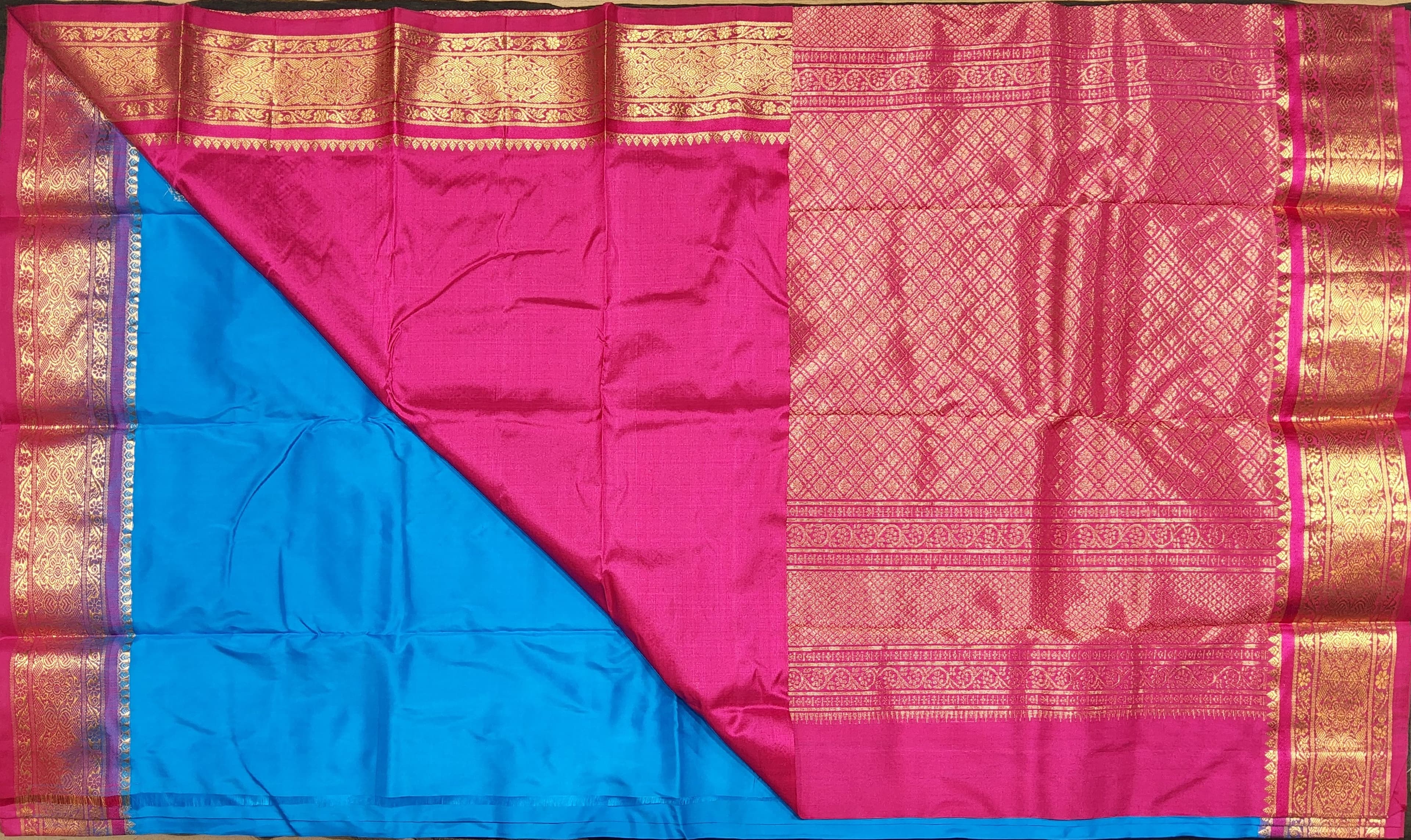 Sky Blue Dharmavaram silk saree full view, authentic silk, ideal for Bharatanatyam.