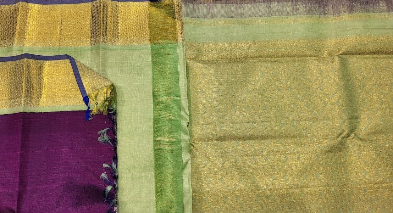Purple Kanchipuram authentic silk saree with pista green pallu. Suitable as dance practice saree.