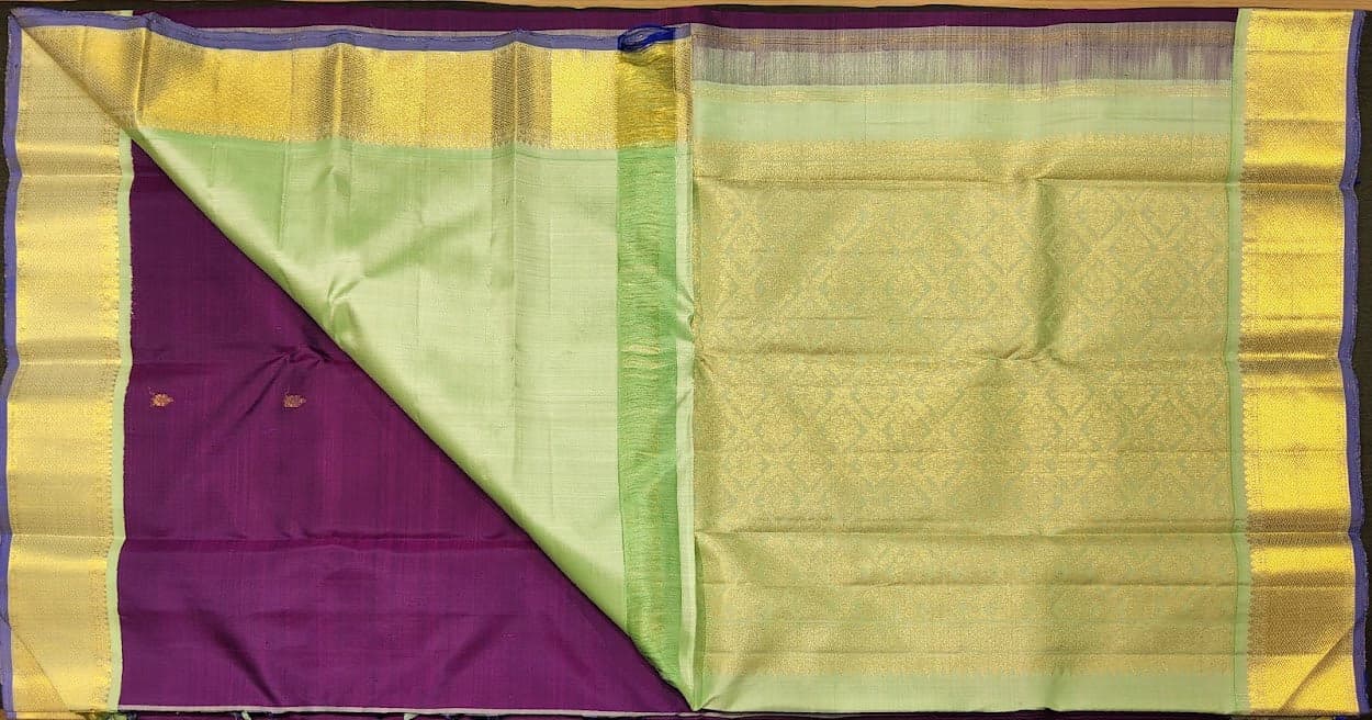Purple and Pista Kanchipuram authentic silk saree full view. Traditional dharmavaram pattu sarees style.