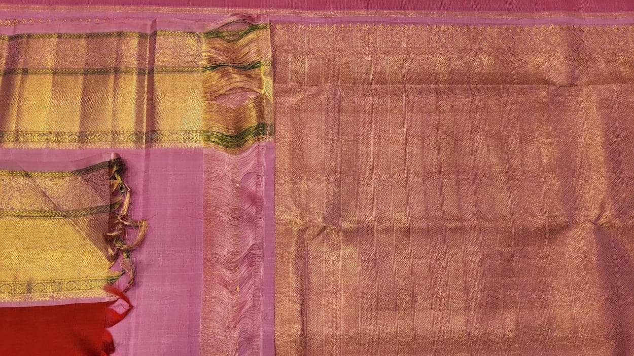 Red & Light Pink authentic silk Kanchipuram saree for Bharatanatyam dance.