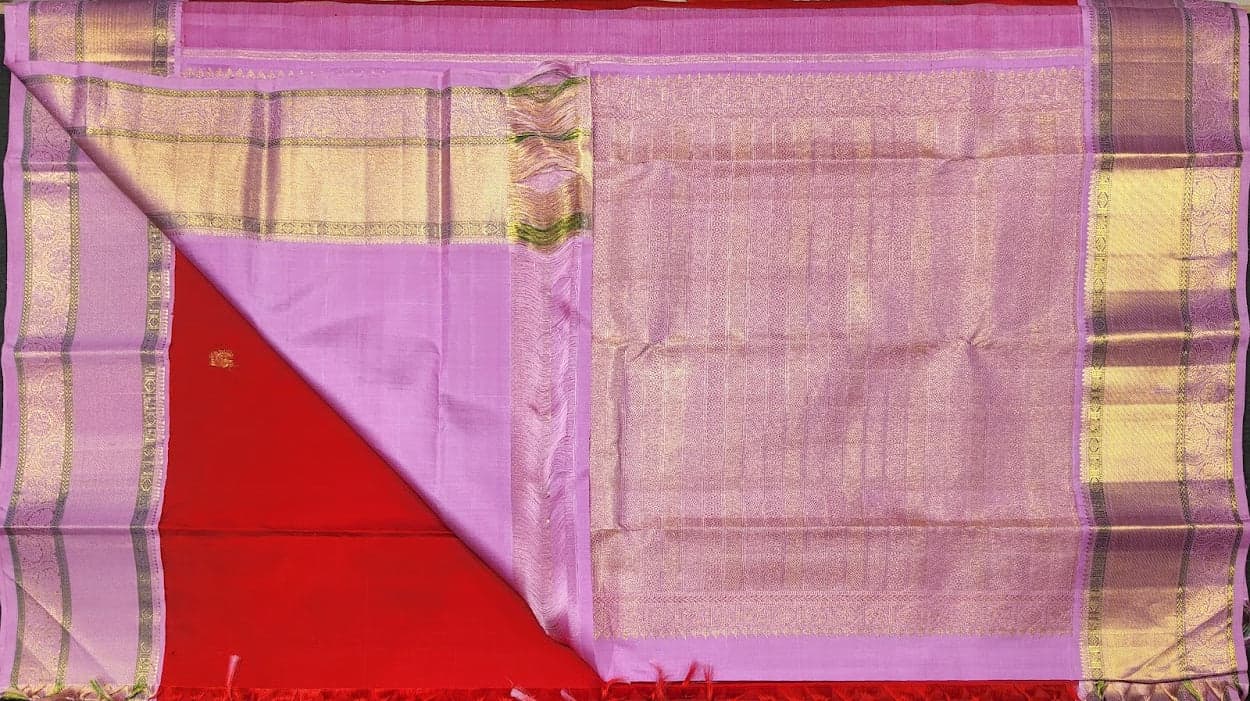 Red & Light Pink Kanchipuram authentic silk saree, full view with blouse piece.