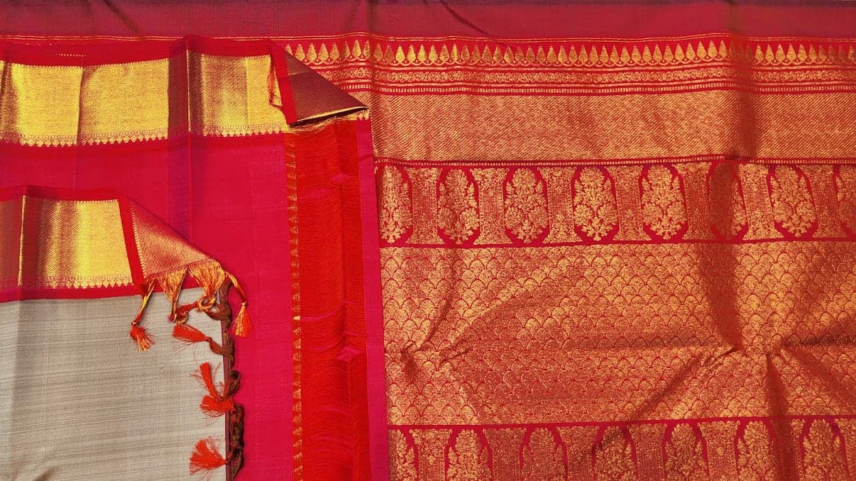 Grey and Rani Pink Kanchipuram authentic silk saree for Bharatanatyam practice saree.