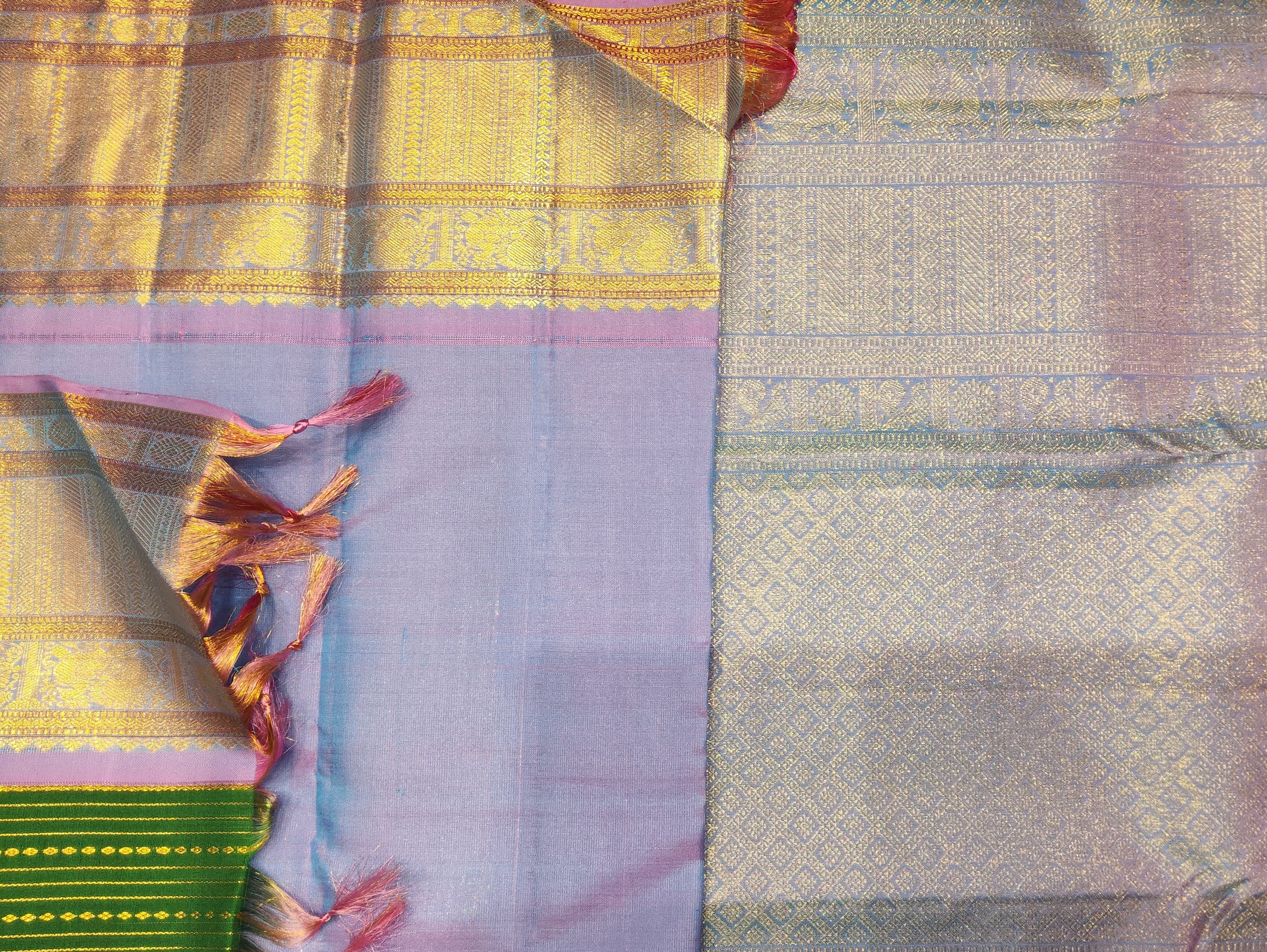 Full view of authentic silk Kanchipuram saree: Green and lavender Dharmavaram sarees design.