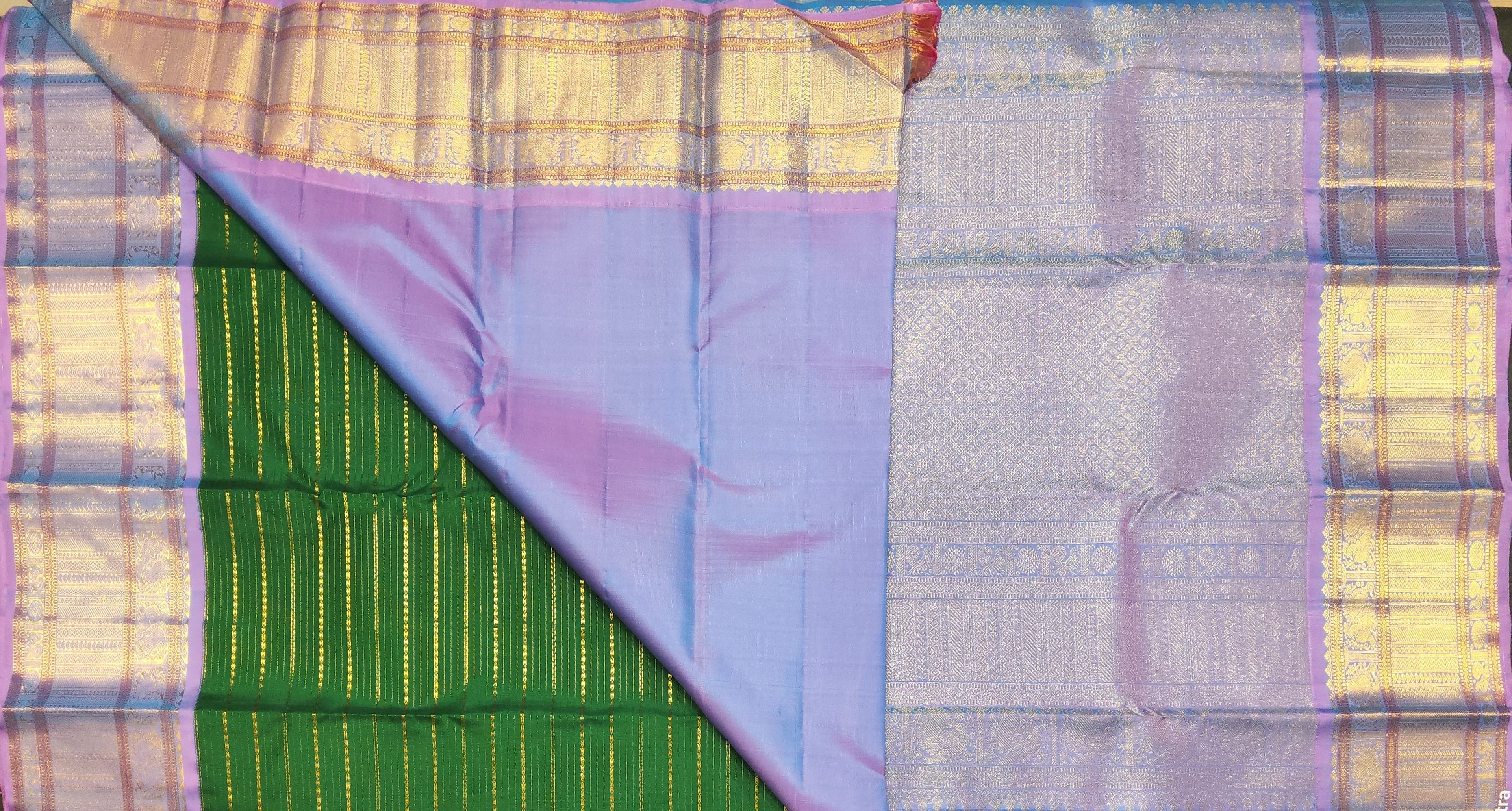 Dharmavaram pattu sarees: Lavender and green Kanchipuram silk saree drape, perfect for dance practice.