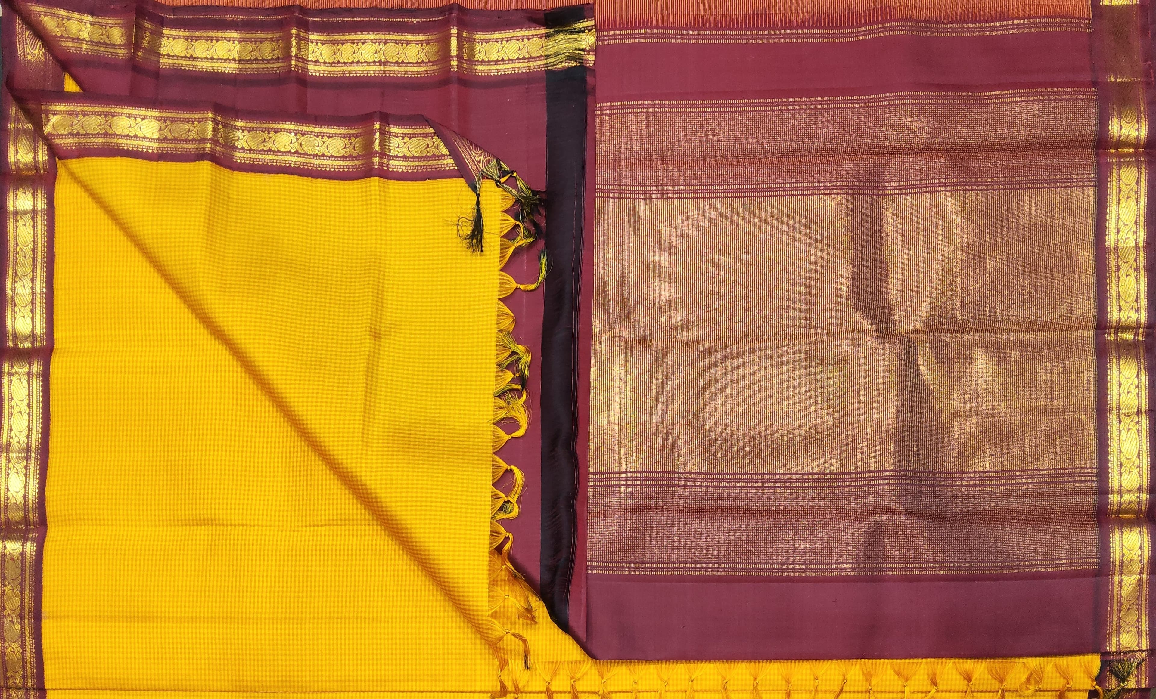 Kanchipuram authentic silk saree pallu with zari stripes, mango yellow and maroon. Perfect dance practice saree.