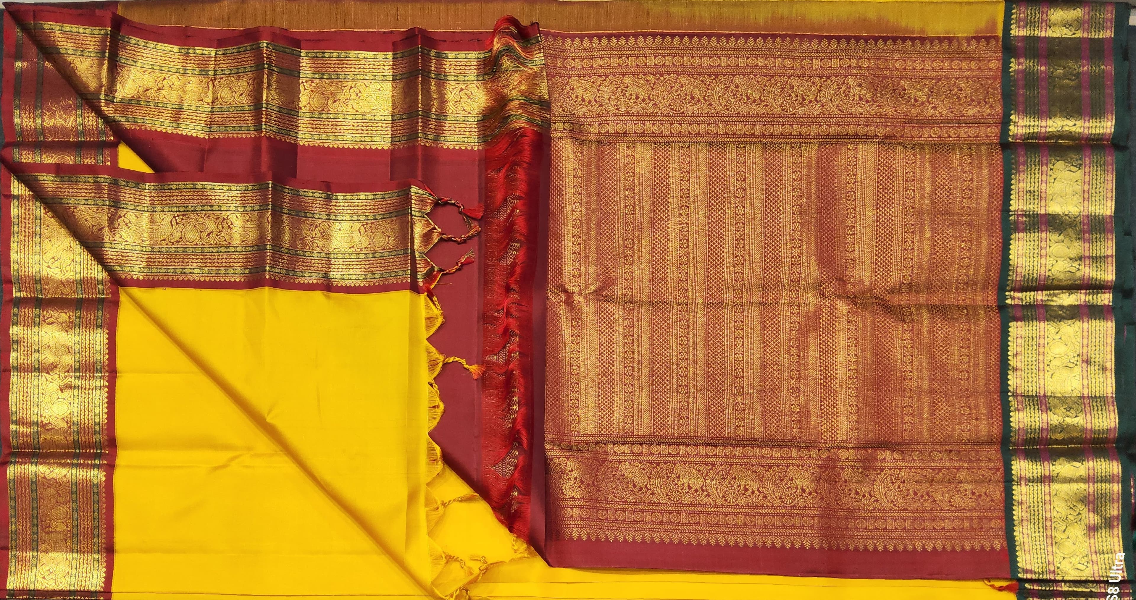 Mustard and Maroon Kanchipuram saree. Authentic silk Bharatanatyam practice saree drape.
