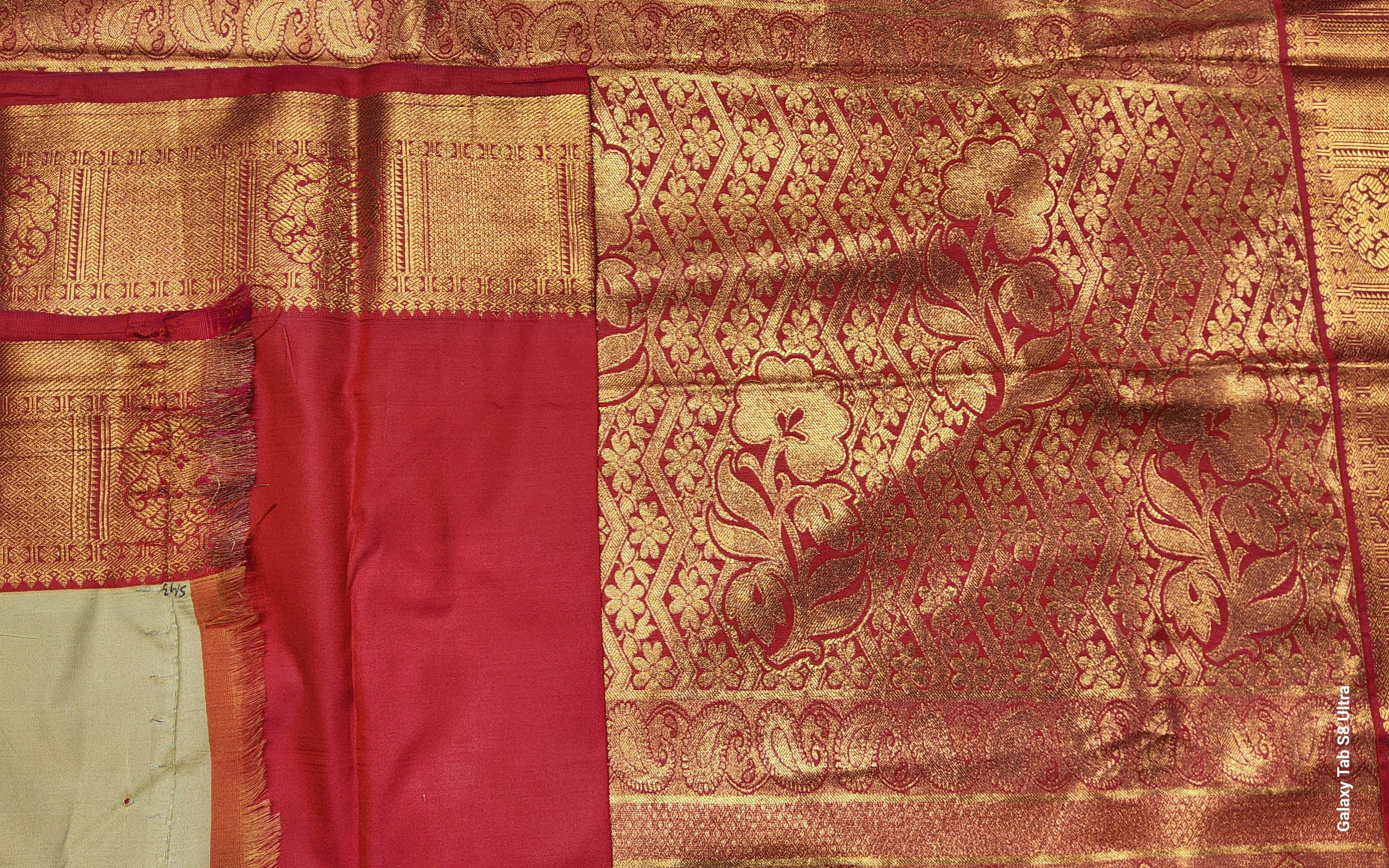 Draped off-white with pink Margam saree. Art silk dance practice saree for Bharatanatyam.