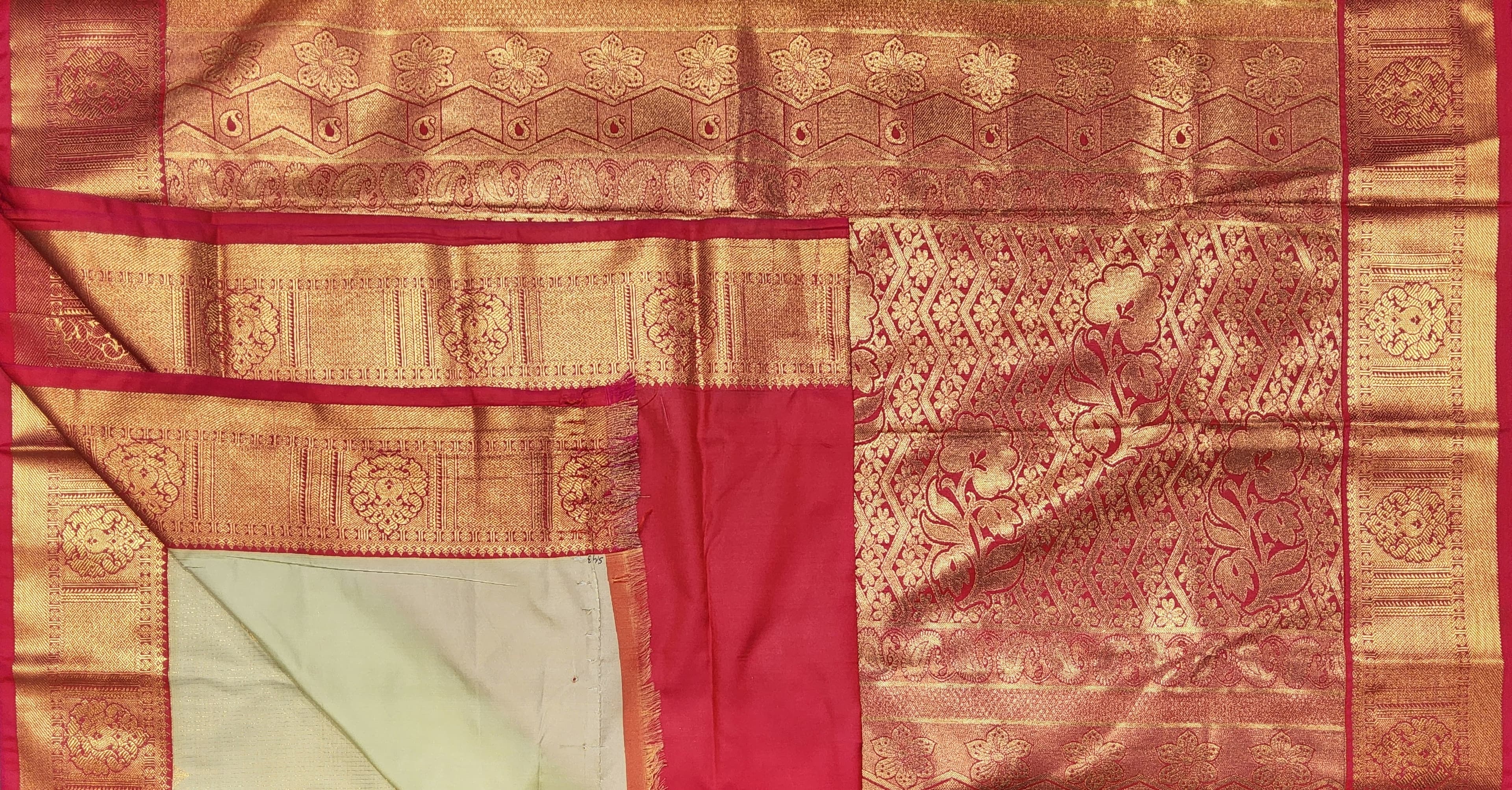 Off White and Rani Pink Margam saree pallu design with gold zari. Classical dance costume.