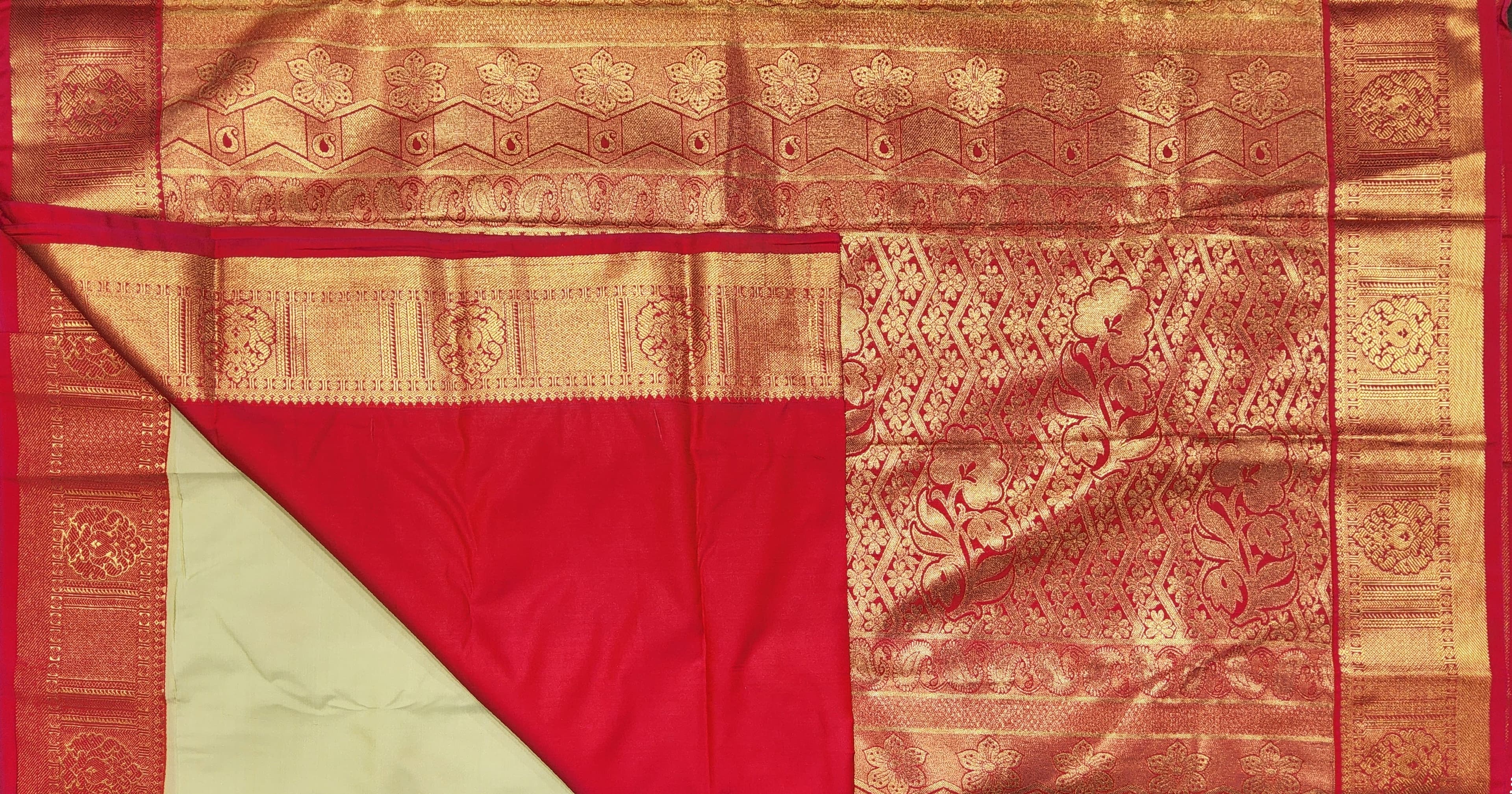 Off White Margam Saree detail. Art silk fabric with self-stripe, perfect as a Bharatanatyam practice saree.