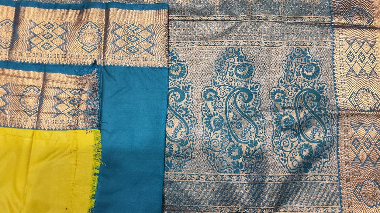 Mustard & Green Dharmavaram saree with copper zari, Bharatanatyam practice saree