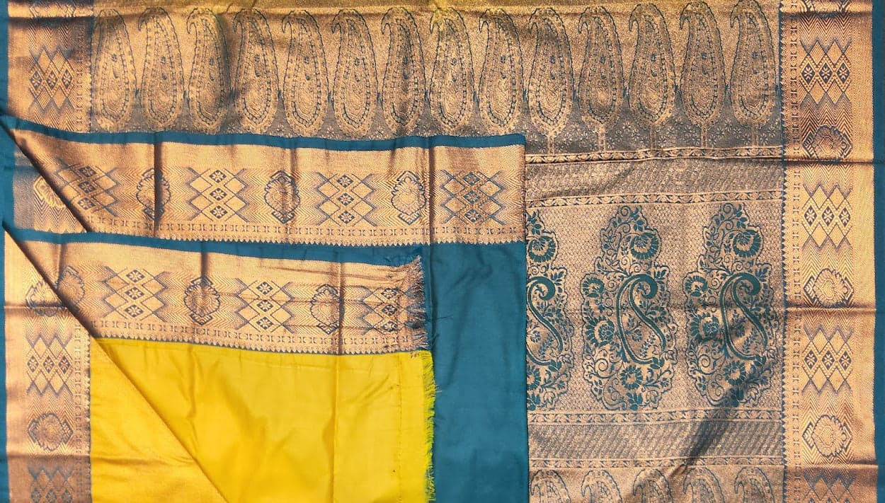 Dharmavaram sarees, Mustard Margam saree with green border, dance practice saree view