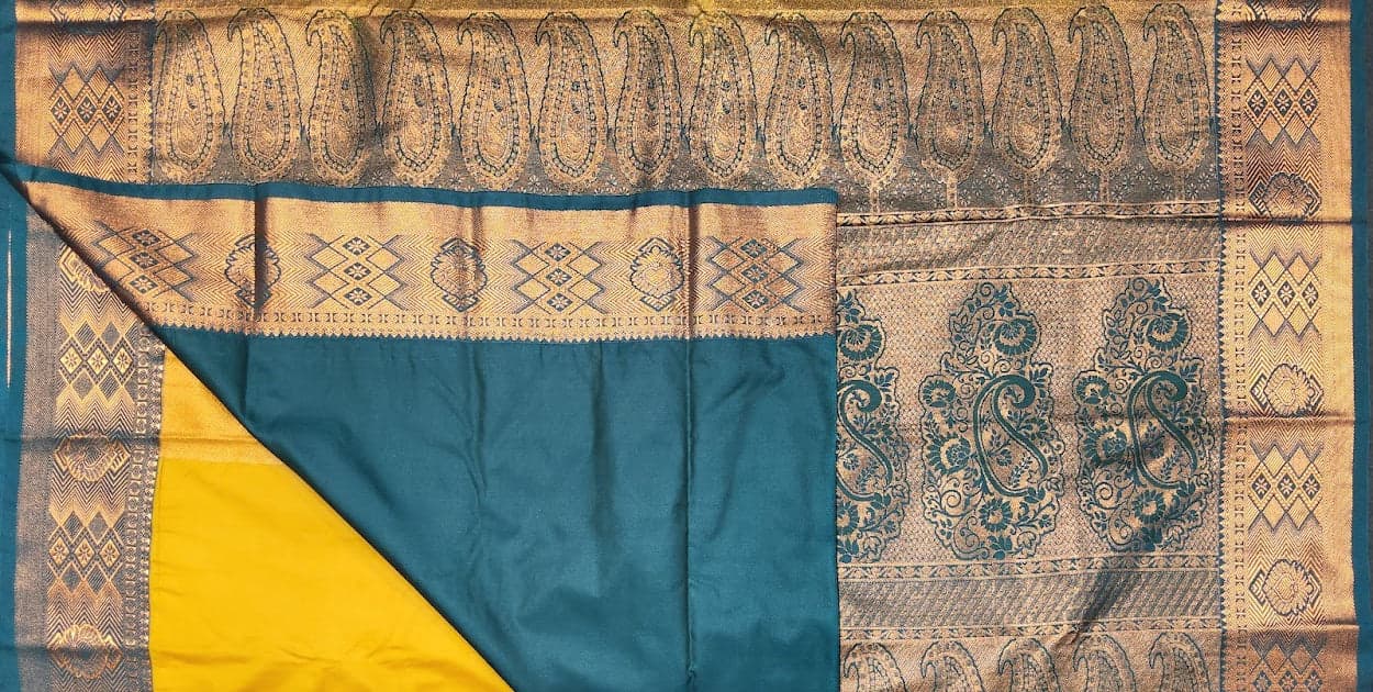 Mustard & Green Dharmavaram pattu sarees, Bharatanatyam costume, copper zari border detail