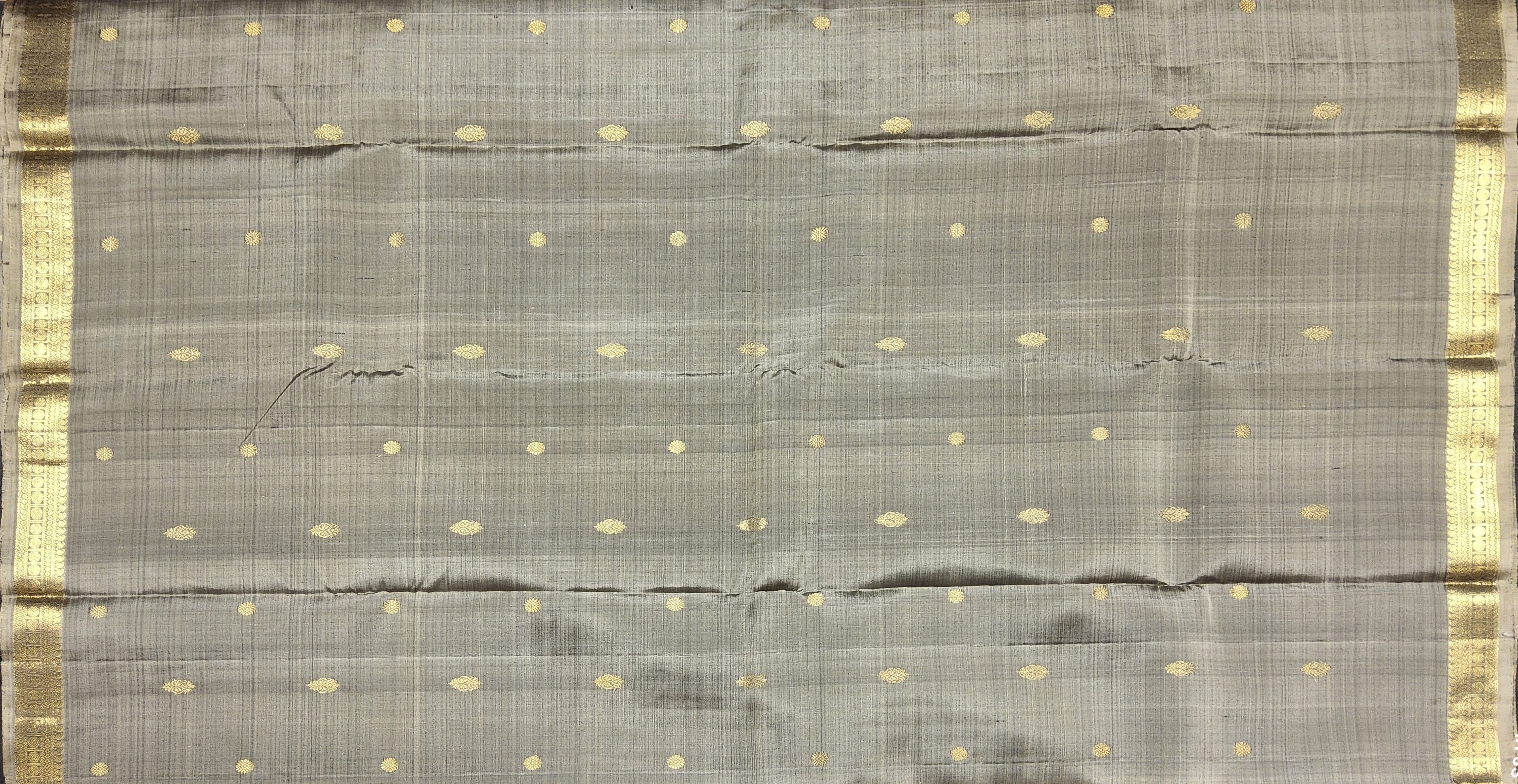 Full view of grey authentic silk Kanchipuram saree; suitable as a Bharatanatyam practice saree.