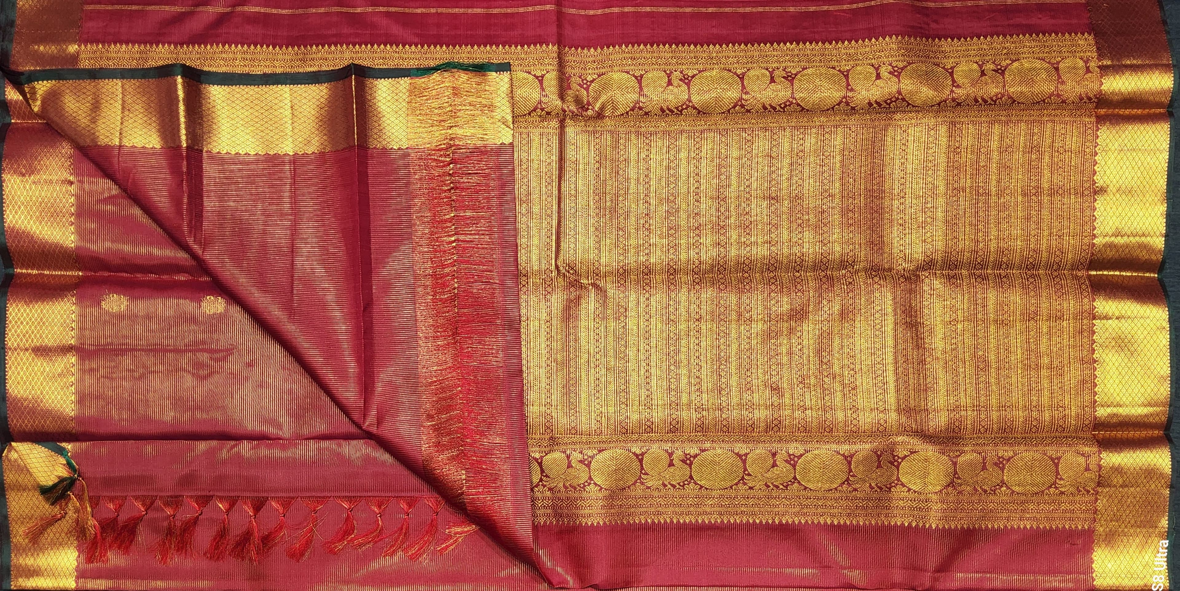 Authentic silk Kanchipuram saree in red and gold, ideal bharatanatyam dance practice saree.