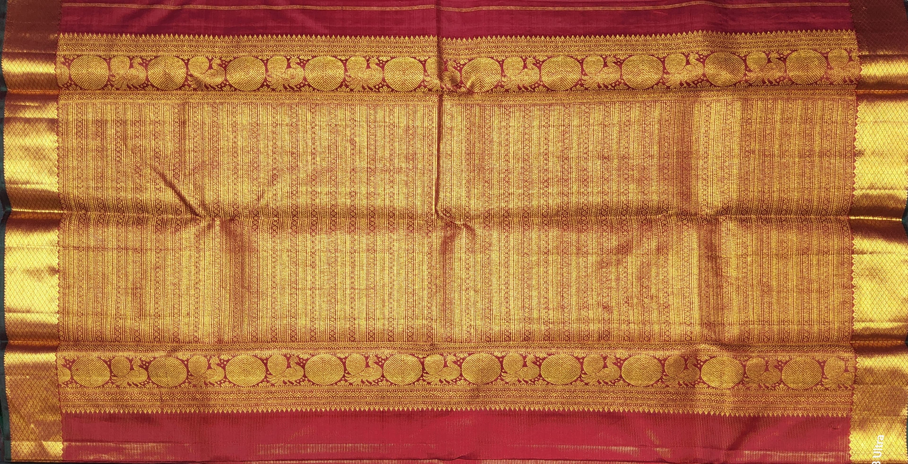 Red Kanchipuram authentic silk saree full view, gold zari border, arangetram saree.