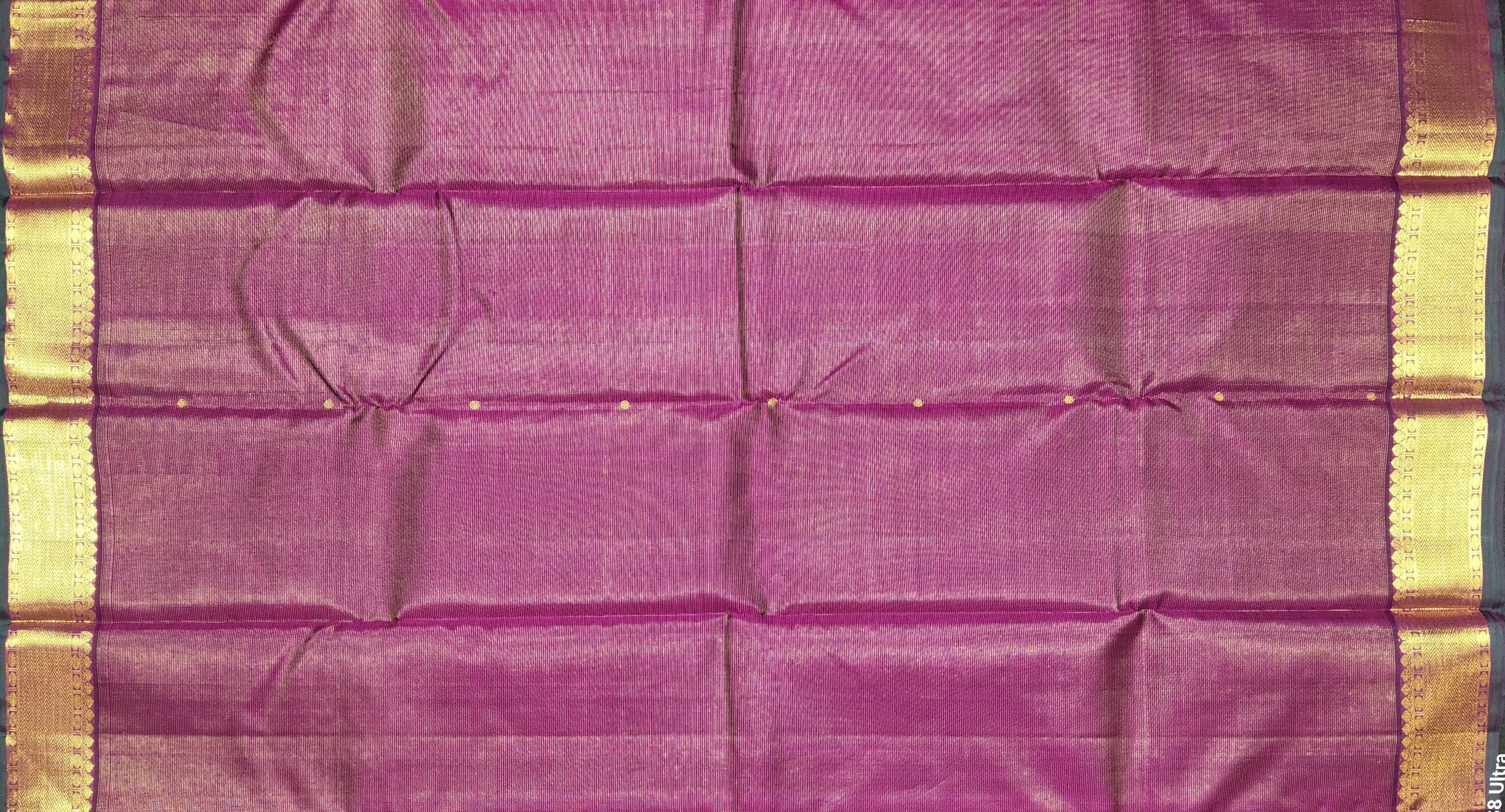 Close-up of gold zari on Kanchipuram silk Vadamalli saree. Perfect bharatanatyam practice saree choice.