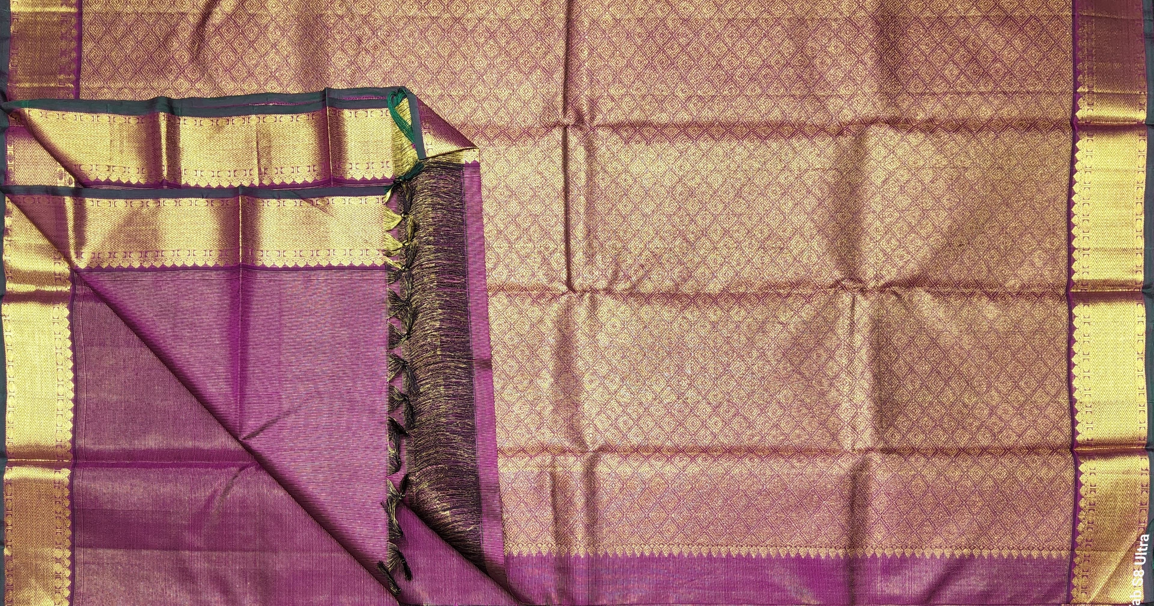 Kanchipuram silk Vadamalli saree, green border and gold zari. Beautiful bharatanatyam costume.