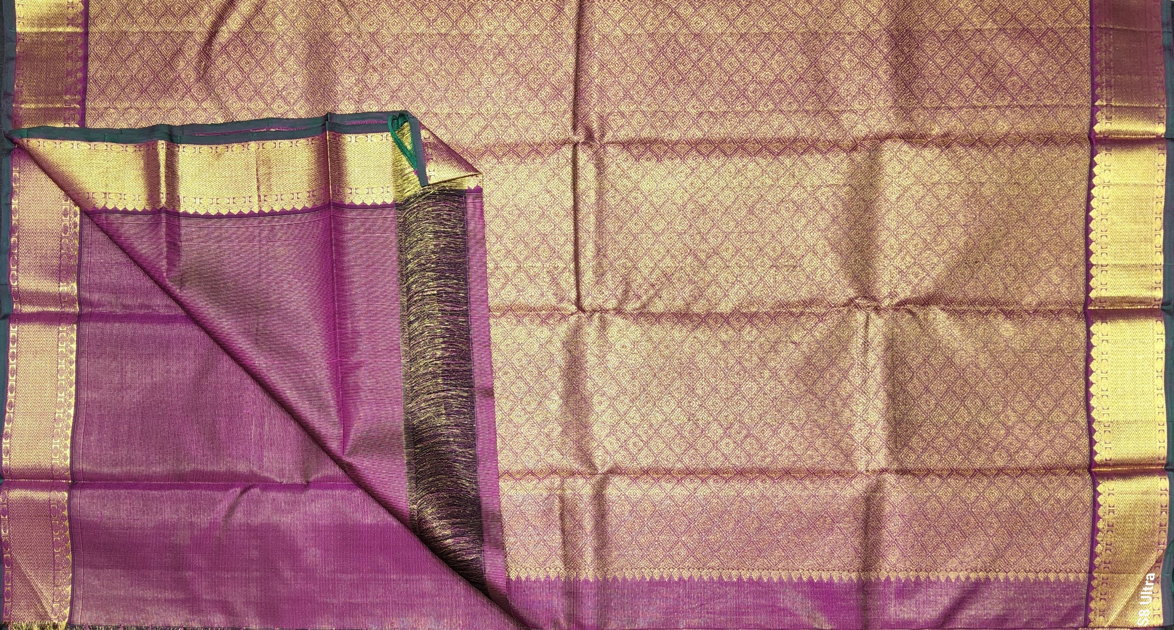 Full view: Vadamalli Kanchipuram silk saree with detailed border. Arangetram meaning embodied in the drape.
