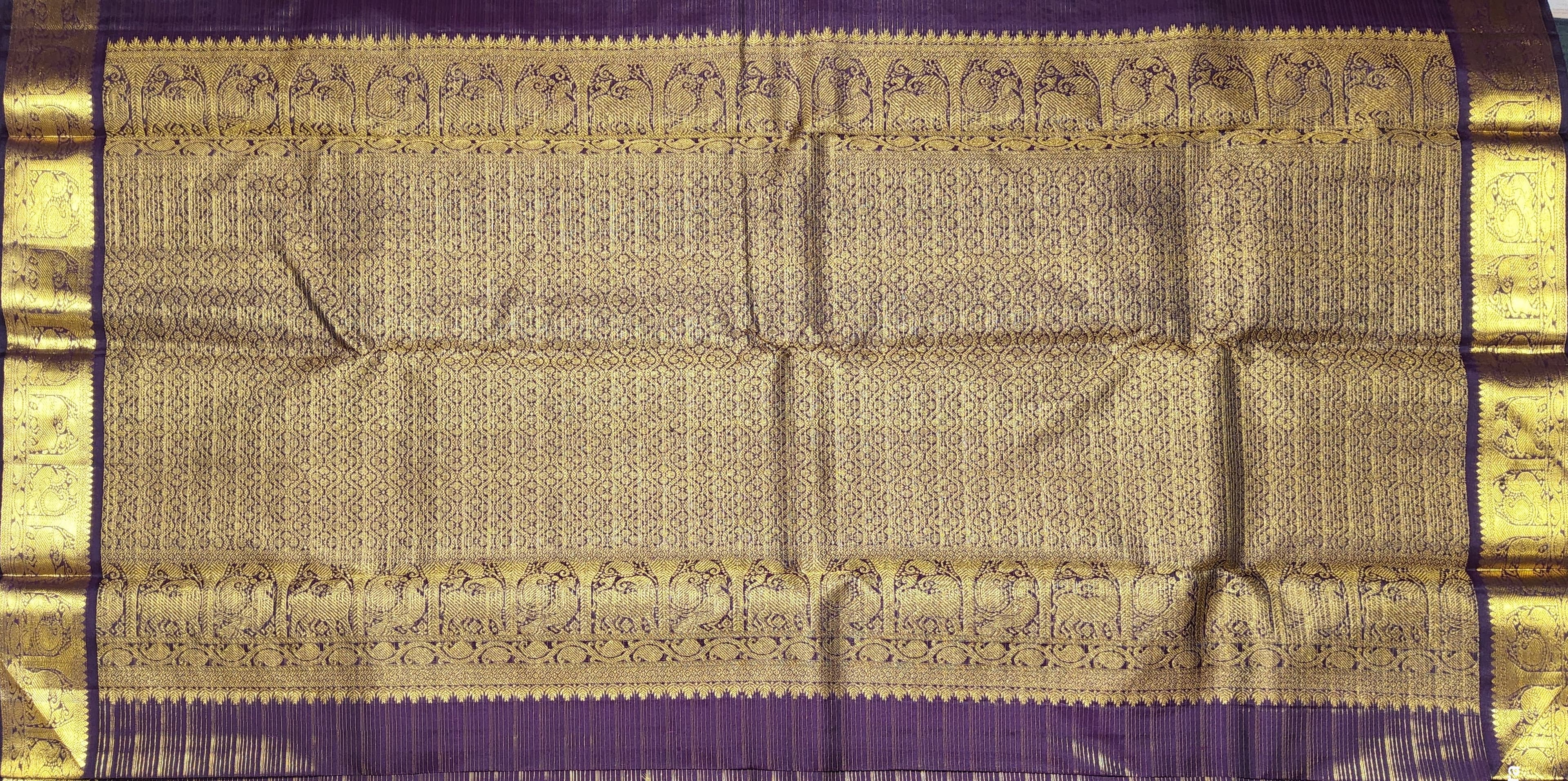 Full view of aubergine Kanchipuram authentic silk saree, perfect Arangetram dance costume.