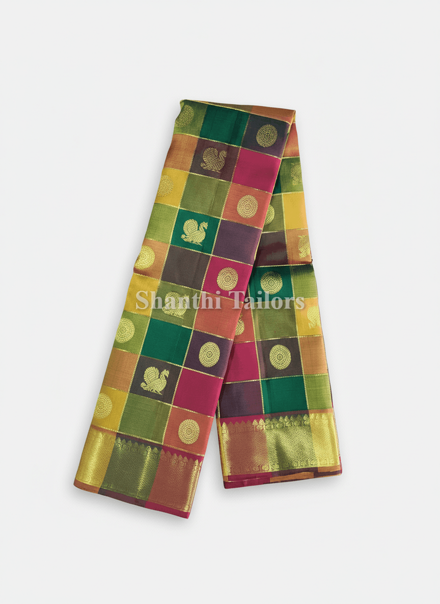 Arangetram Kanchipuram Silk Saree - Multicolour Checked
