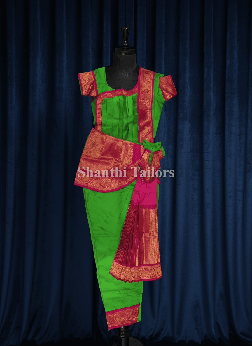Vibrant Parrot Green & Pink Bharatanatyam Costume for Arangetram