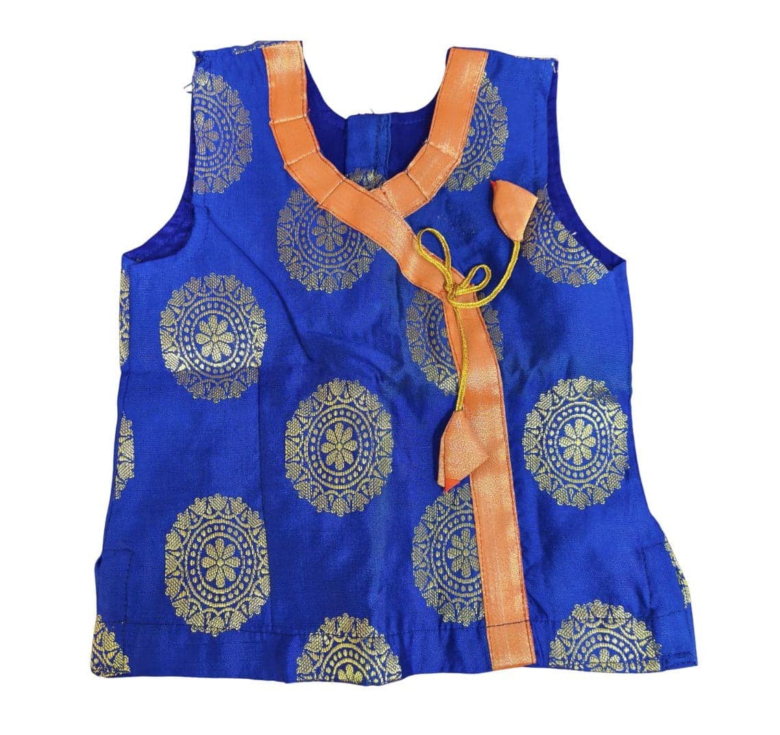 Close-up of Krishnar Top, orange and blue with gold zari details