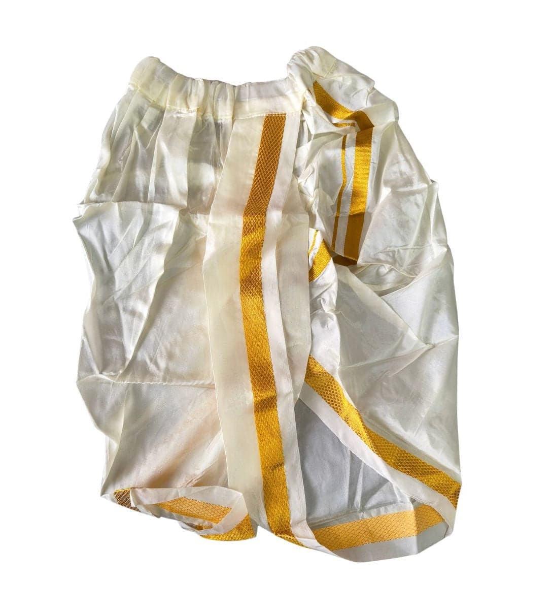 Close-up of gold zari border on Krishnar Pant Panchakacham Dhoti, art silk dance costume for 1 year old.