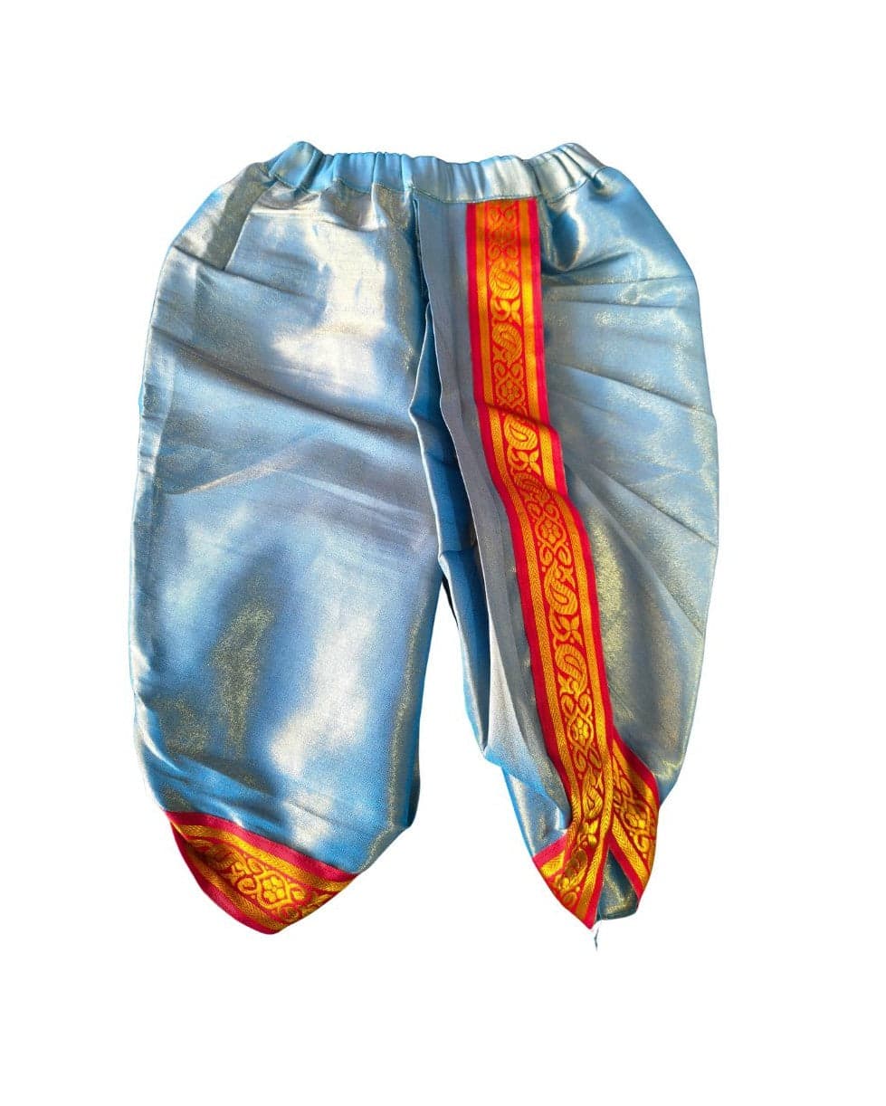 Off-white Panchakacham Dhoti for 1 year old, Krishnar Pant art silk dance costume full view.