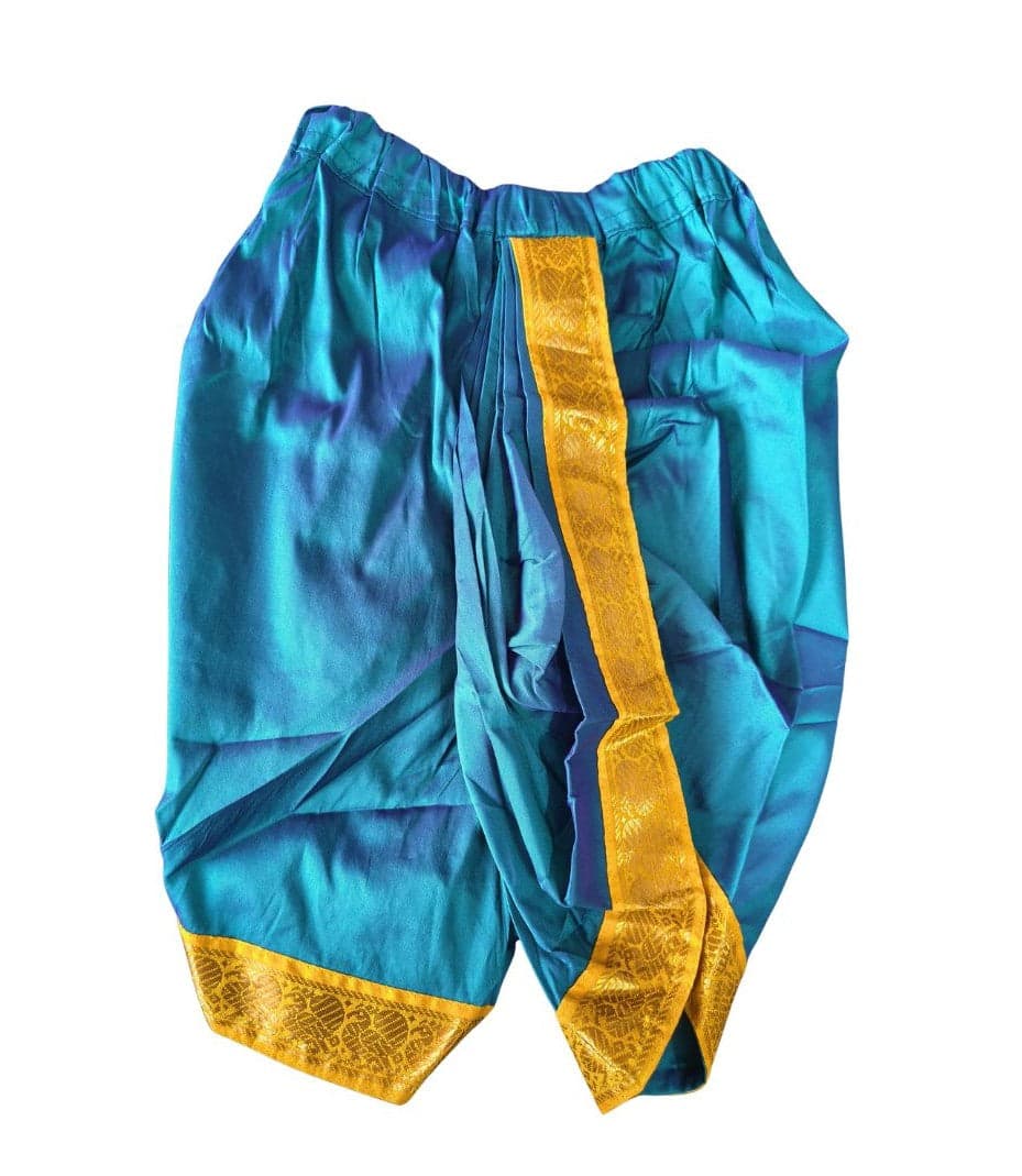 Off-white Krishnar Pant art silk dance costume for 1 year old, gold zari border visible.