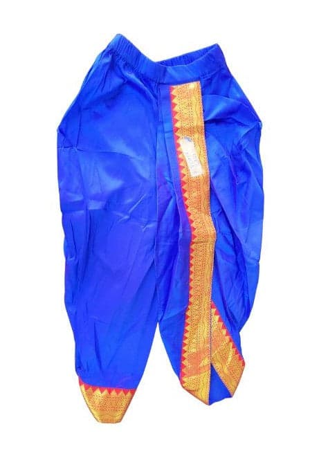 Close up of blue border on yellow Panchakacham, art silk bharatanatyam dress for girls, kid's costume