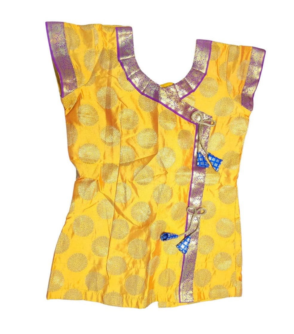 Krishnar Top detail, marigold brocade, Angrakha neckline, bharatanatyam costume for girls, tassels.