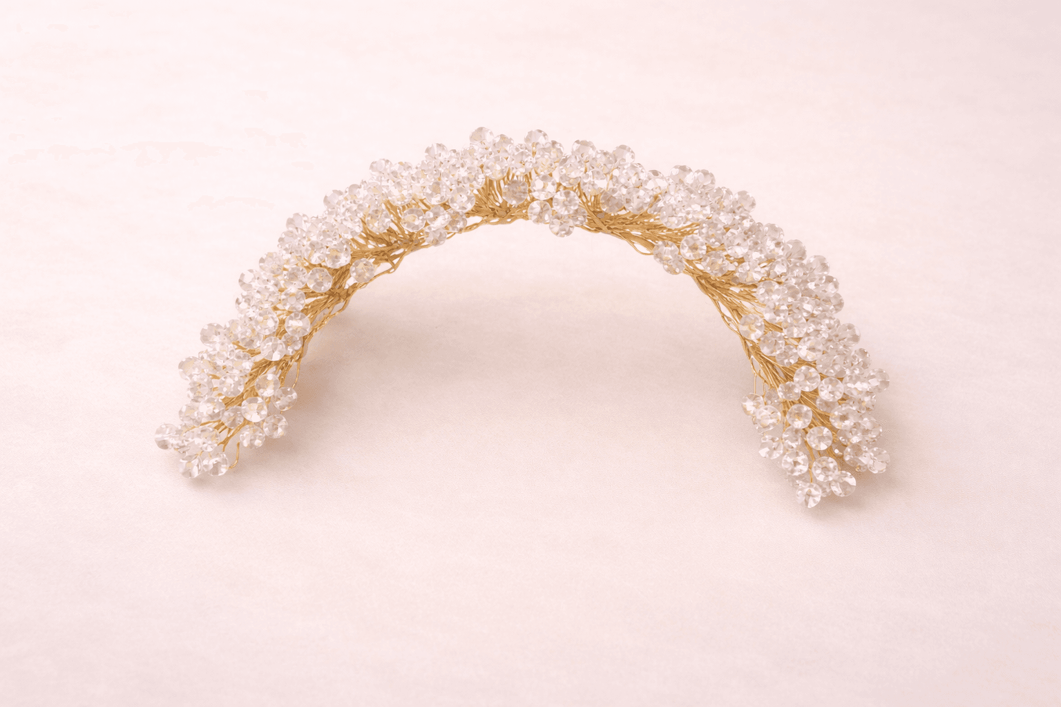 Crystal Veni hair garland for Arangetram, clear crystal beads on gold wire.