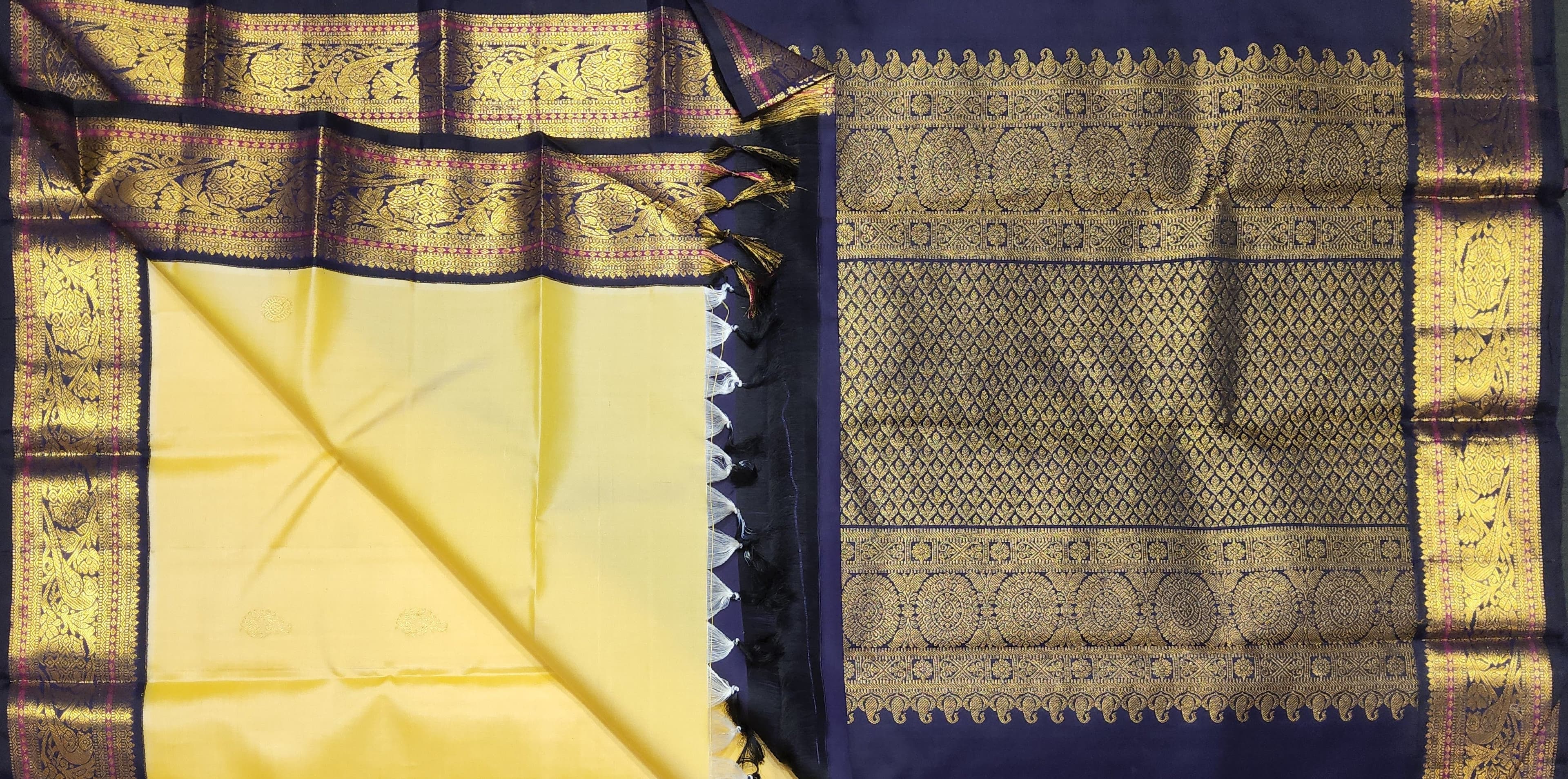 Arangetram Kanchipuram Silk Saree | Off-White & Navy Blue