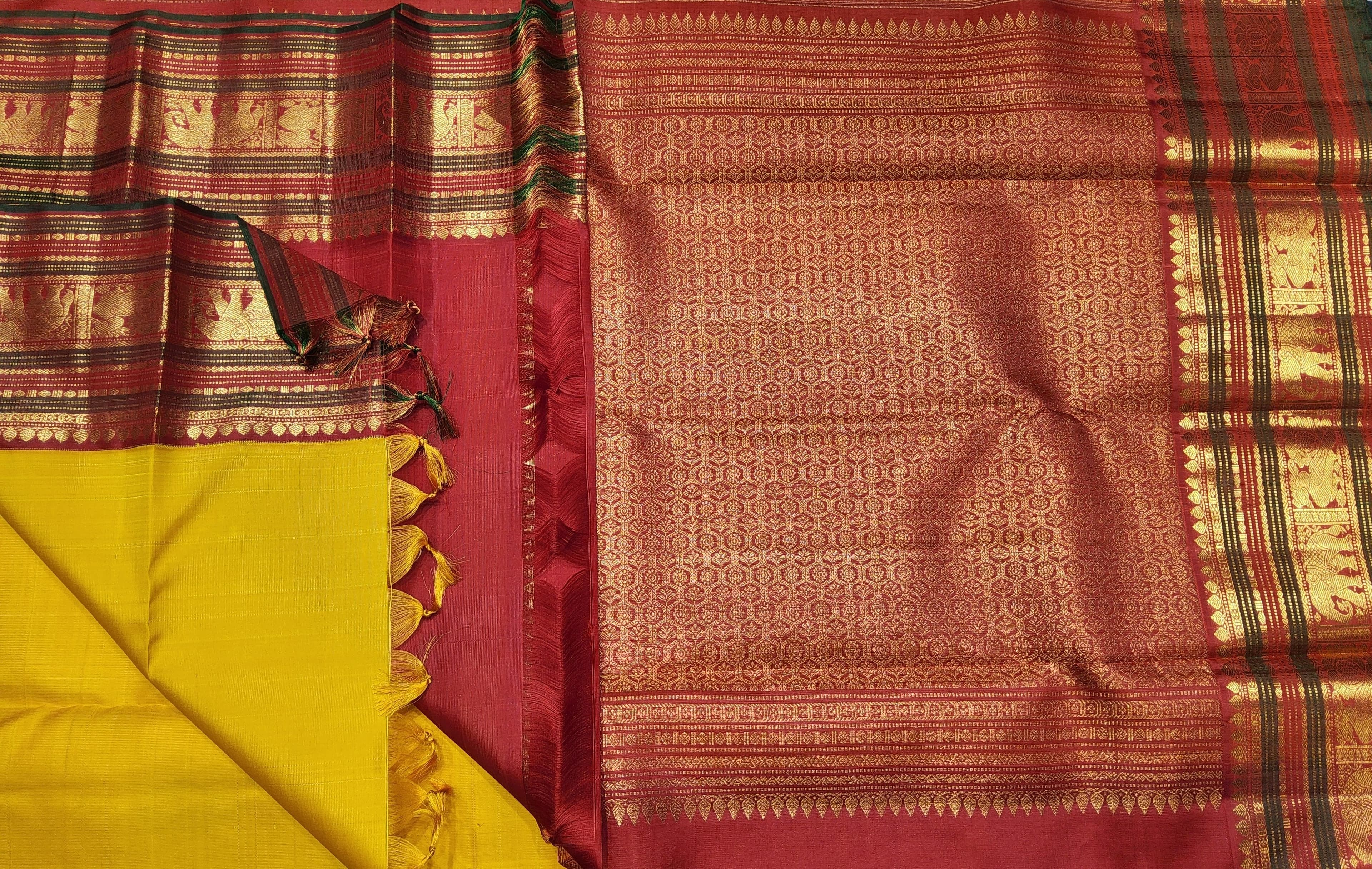 Arangetram Kanchipuram Silk Saree - Mustard Yellow & Red