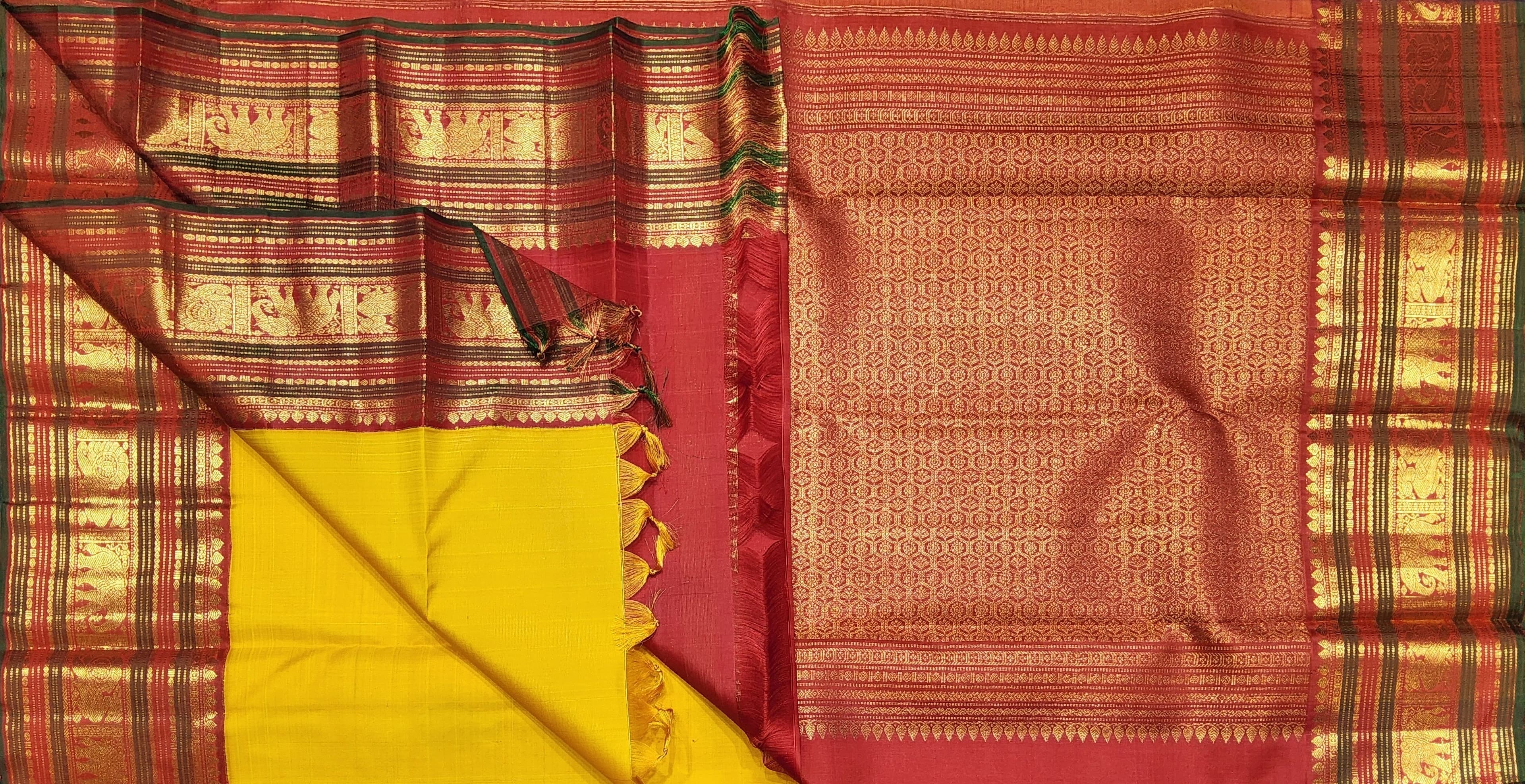 Arangetram Kanchipuram Silk Saree - Mustard Yellow & Red