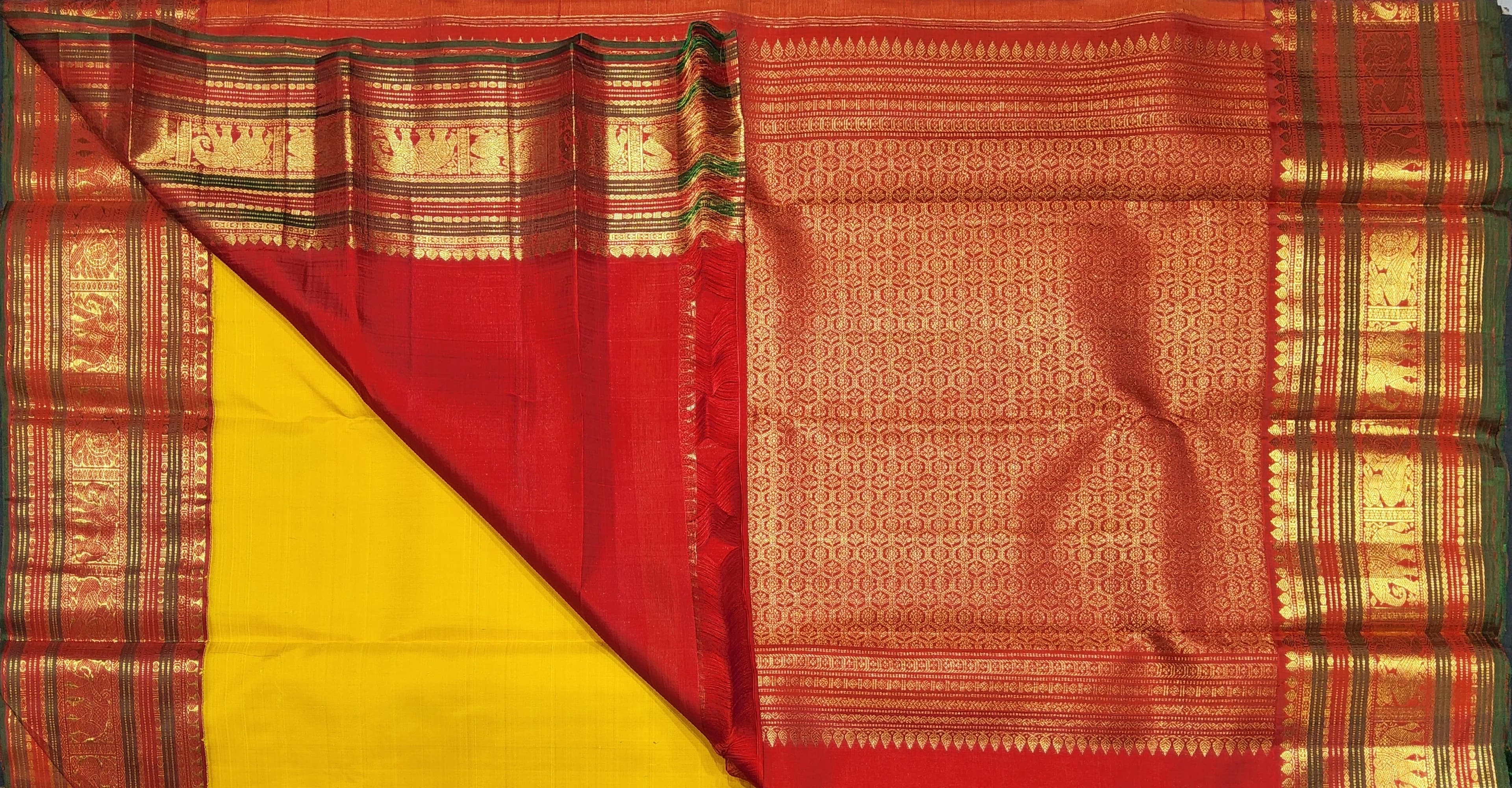 Arangetram Kanchipuram Silk Saree - Mustard Yellow & Red