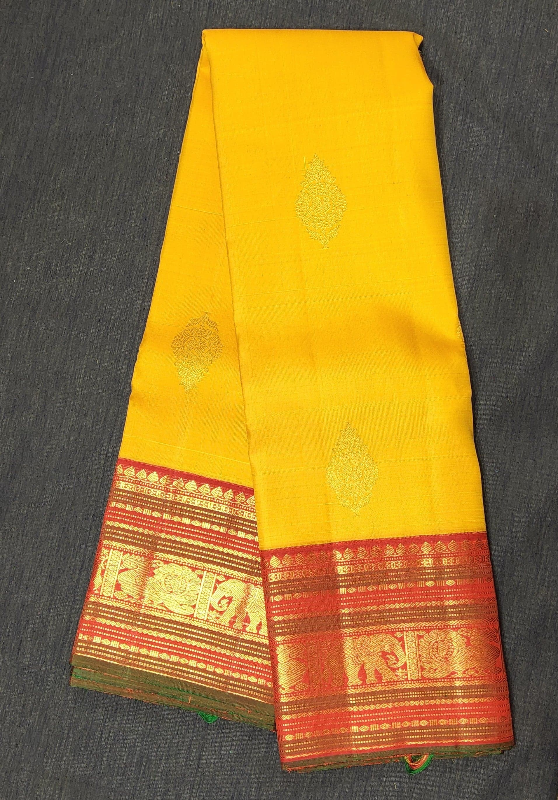 Arangetram Kanchipuram Silk Saree - Mustard Yellow & Red
