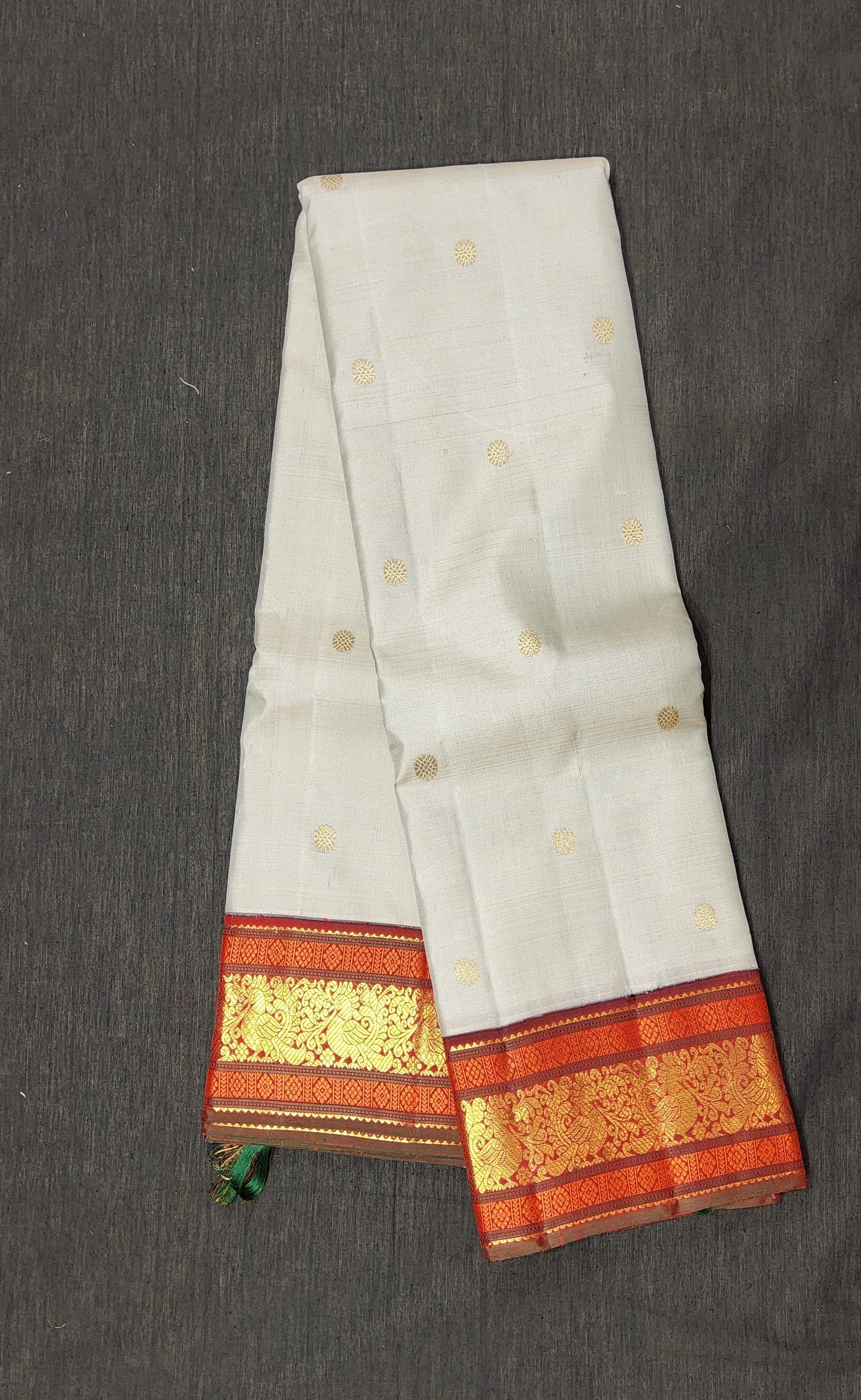 Light Grey Kanchipuram authentic silk saree with maroon border. Arangetram saree, front view.