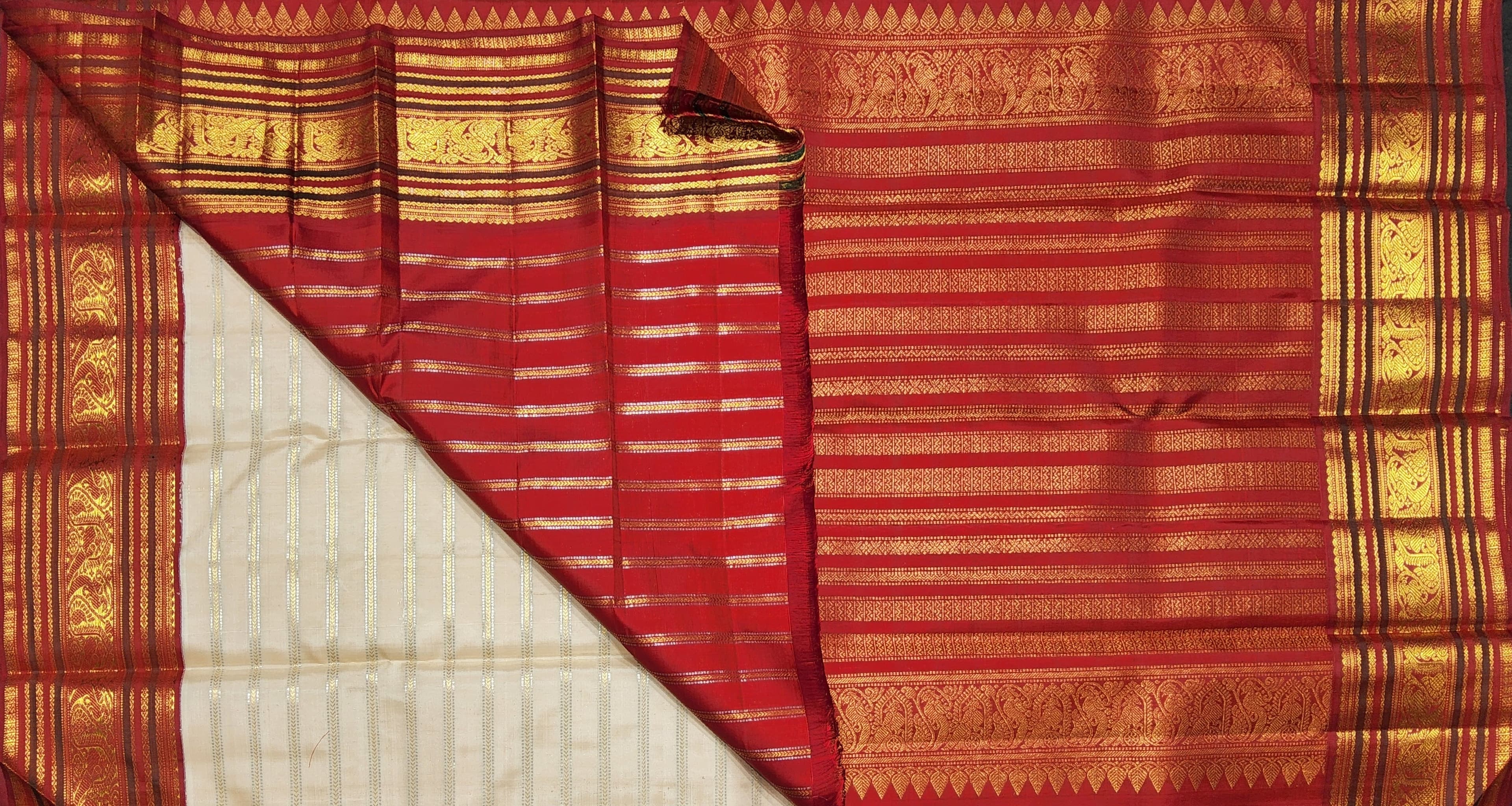 Close up of maroon border with gold zari motifs on authentic silk Kanchipuram saree; ideal arangetram saree.