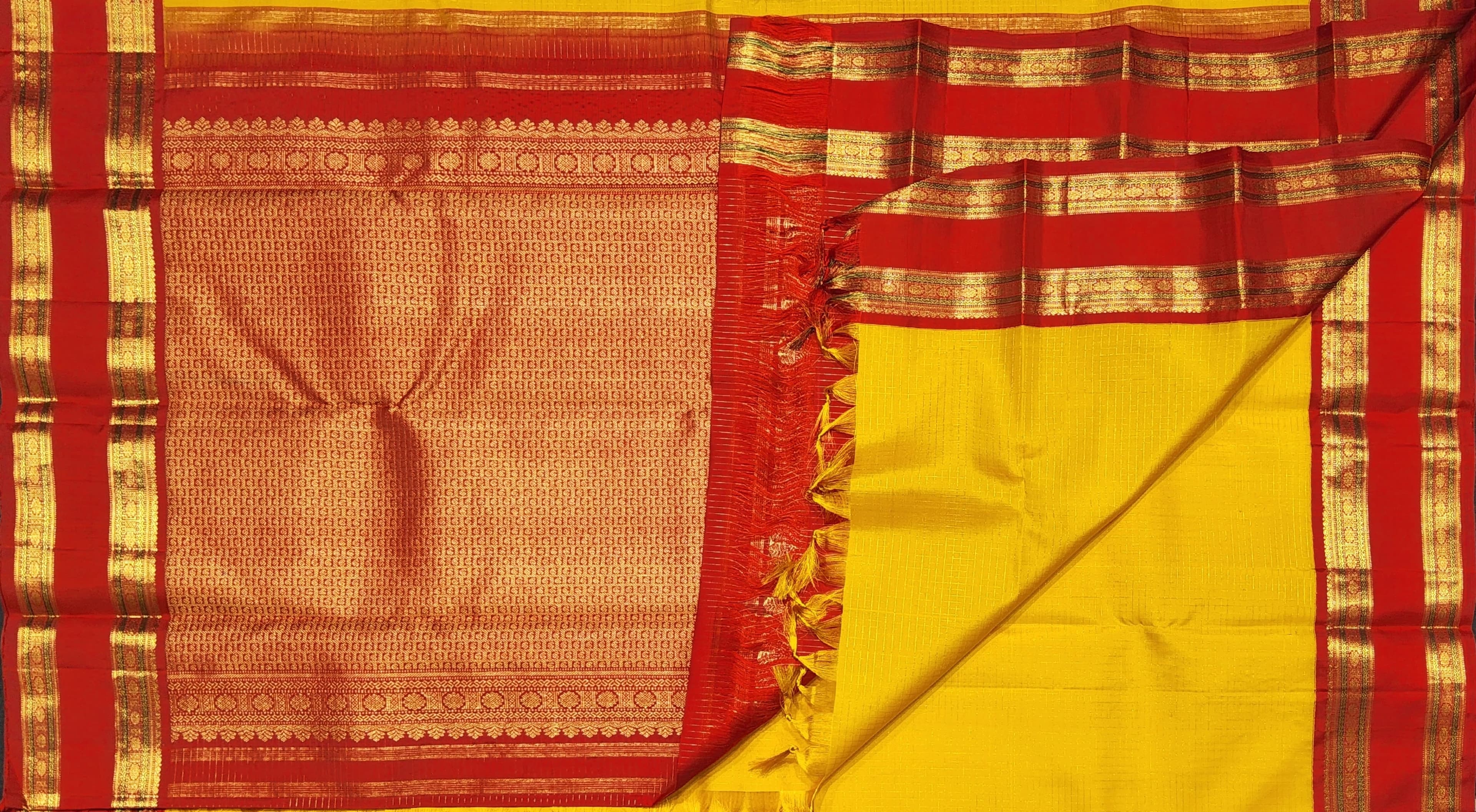 Mustard and Red authentic silk Kanchipuram saree pallu design, perfect for dance practice saree