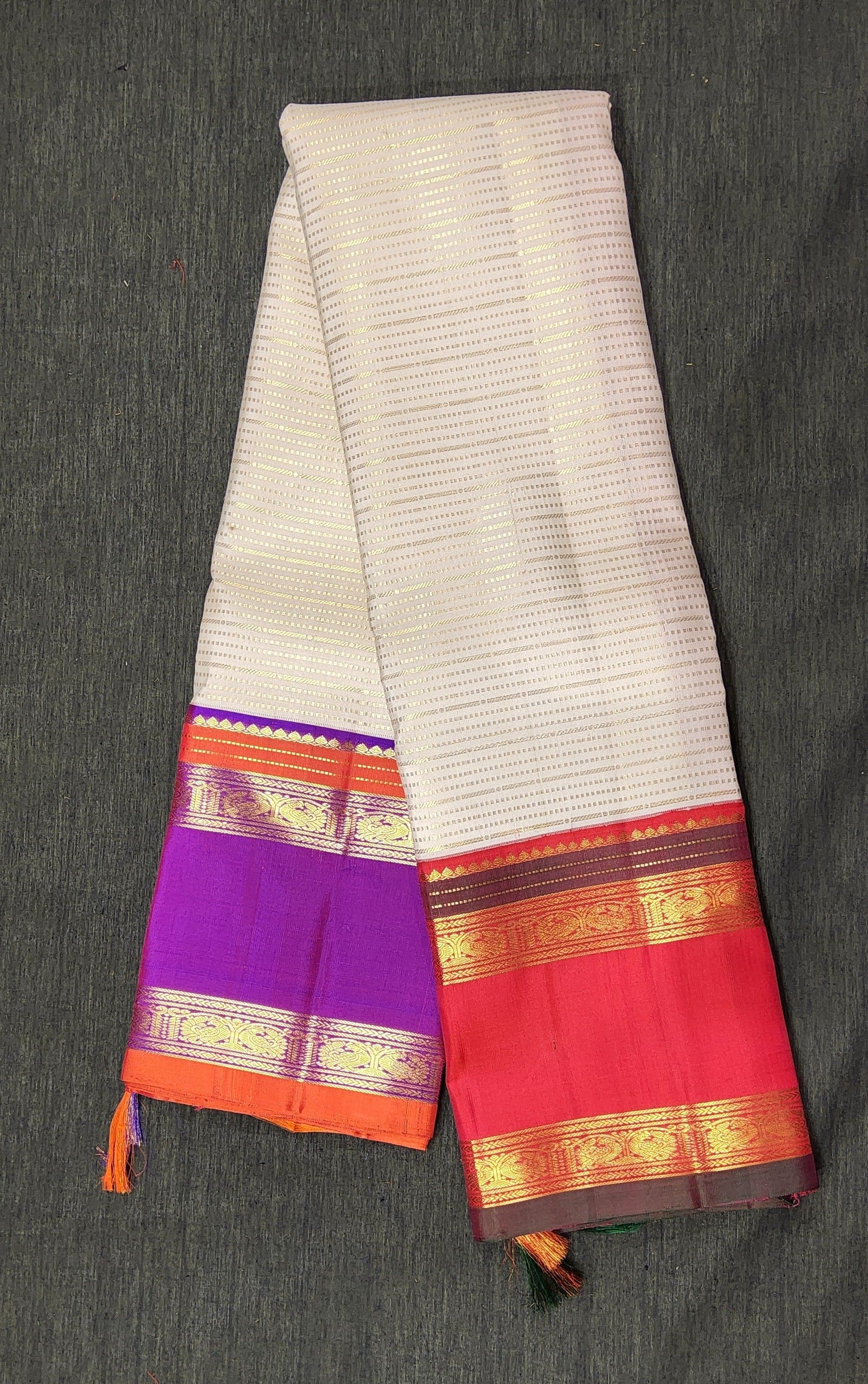 Off-White Kanchipuram Bharatanatyam Saree with Pink & Purple Borders
