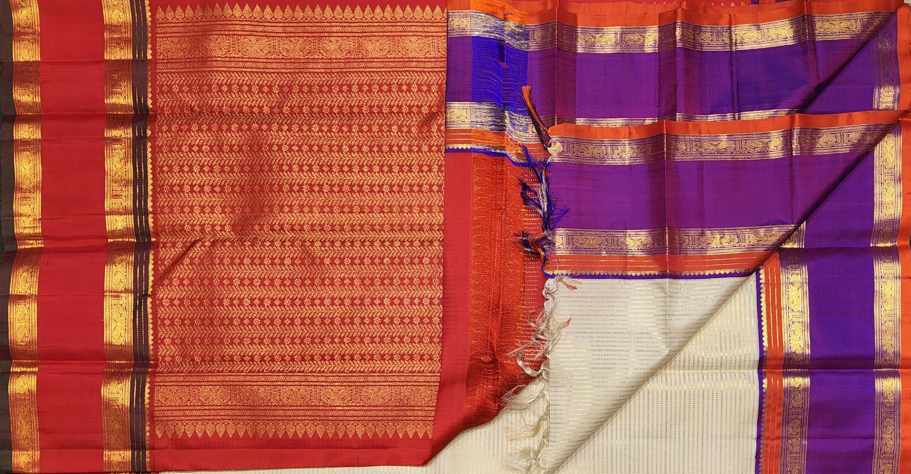 Off-White Kanchipuram Bharatanatyam Saree with Pink & Purple Borders